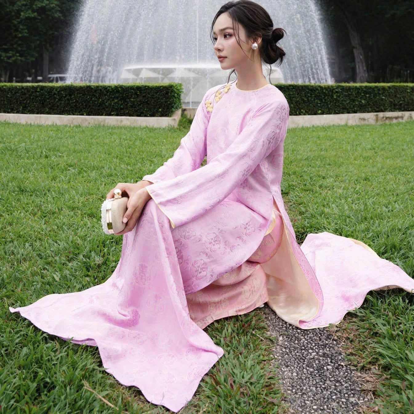 Cam Tu Ao-dai Set- Embellished Double-layered Ao Dai Set in Lilac Wormsilk - styled presentation by Tam