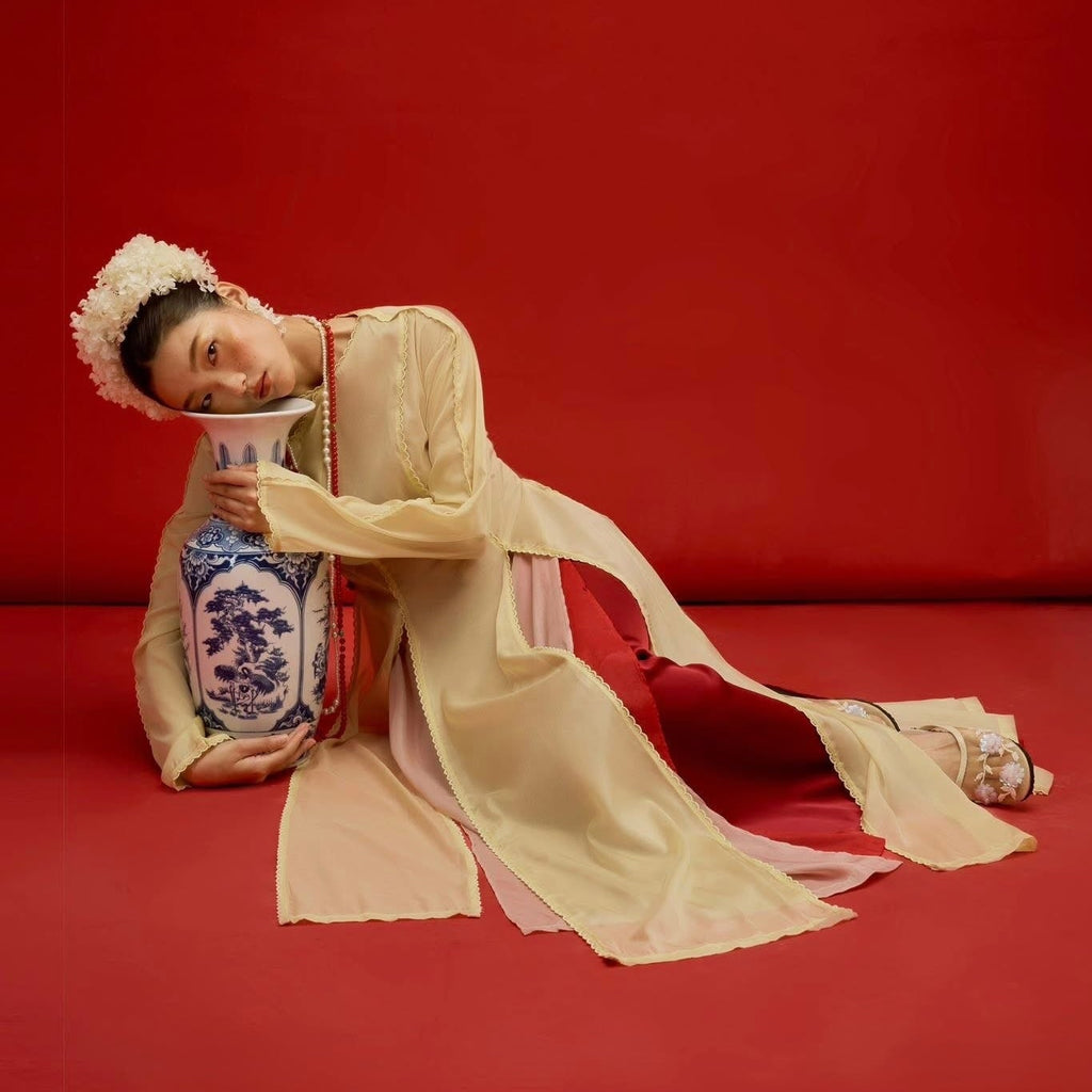 Thuy Tien Ao Dai Set - Triple-layered Chiffon with Scalloped Split Edge - styled presentation by SY Design