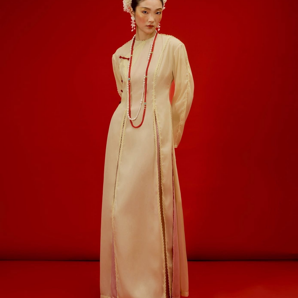 Thuy Tien Ao Dai Set - Triple-layered Chiffon with Scalloped Split Edge - front view by SY Design