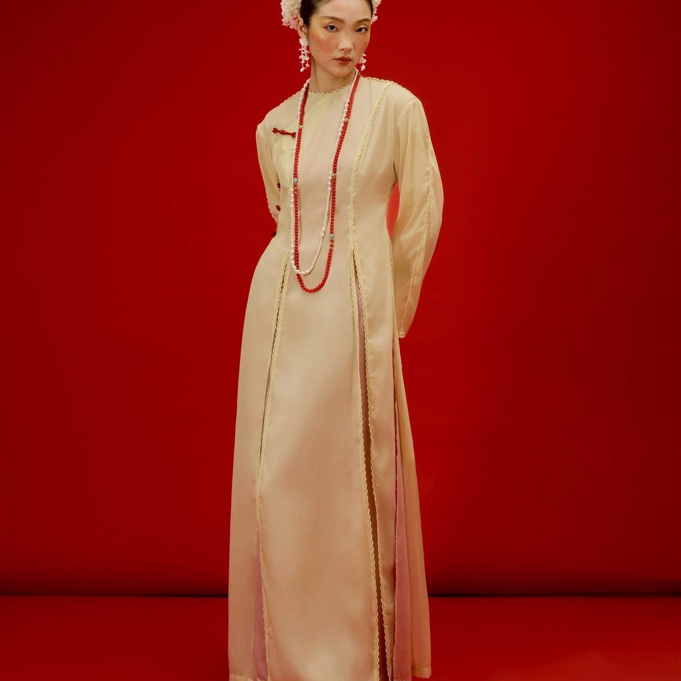 Thuy Tien Ao Dai Set - Triple-layered Chiffon with Scalloped Split Edge - front view by SY Design