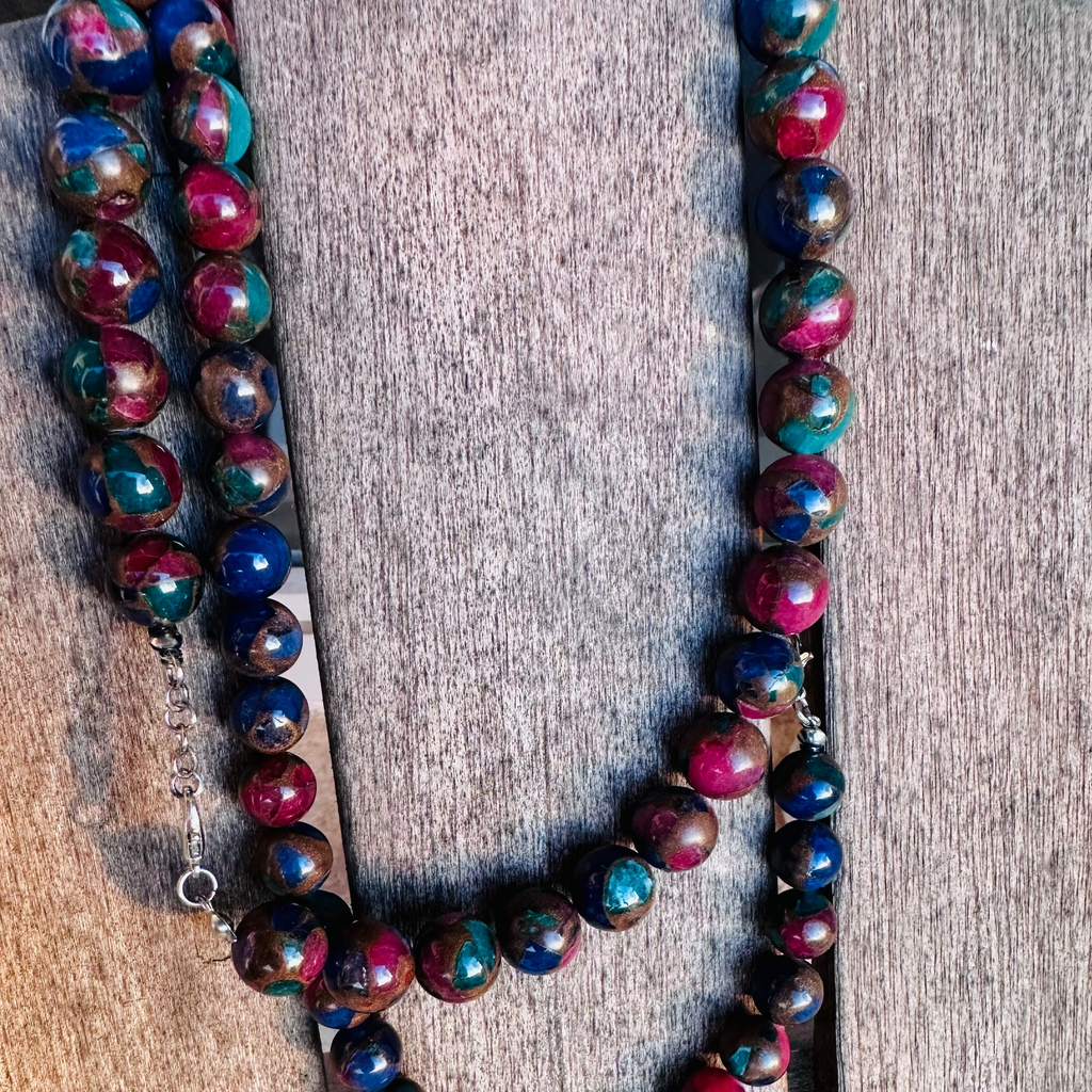 Marble Whisper Necklace - Marble Necklace - blue /brown tone - flat lay display in blue, red, green by Lo Boutique - Jewelry