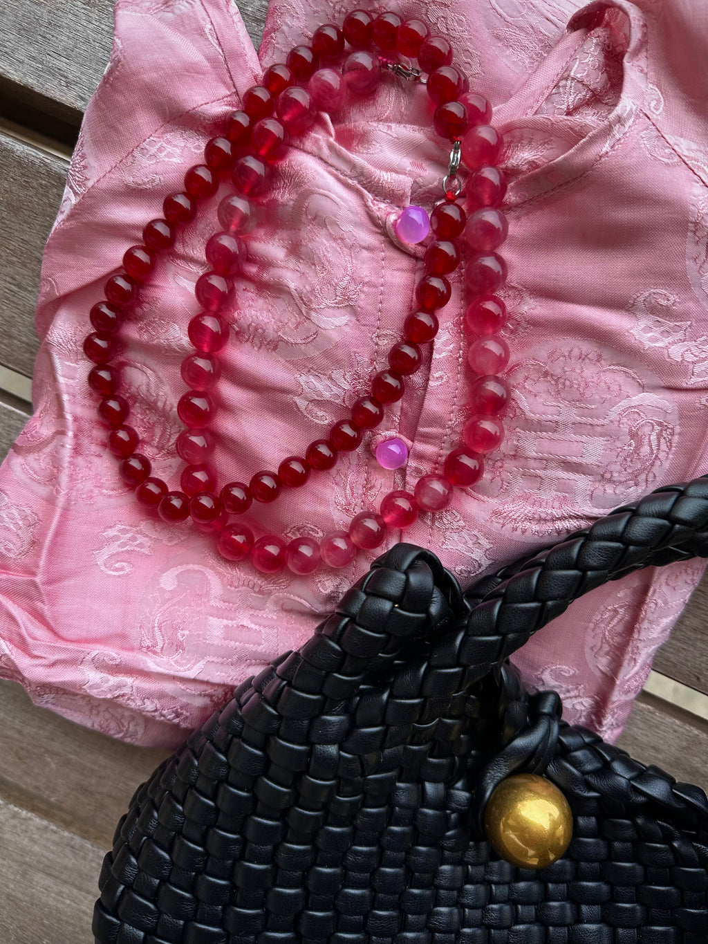 "Verdant Echo" Marble Necklace in Ruby Shades (Large) - front view | Vietnamese Luxury Fashion