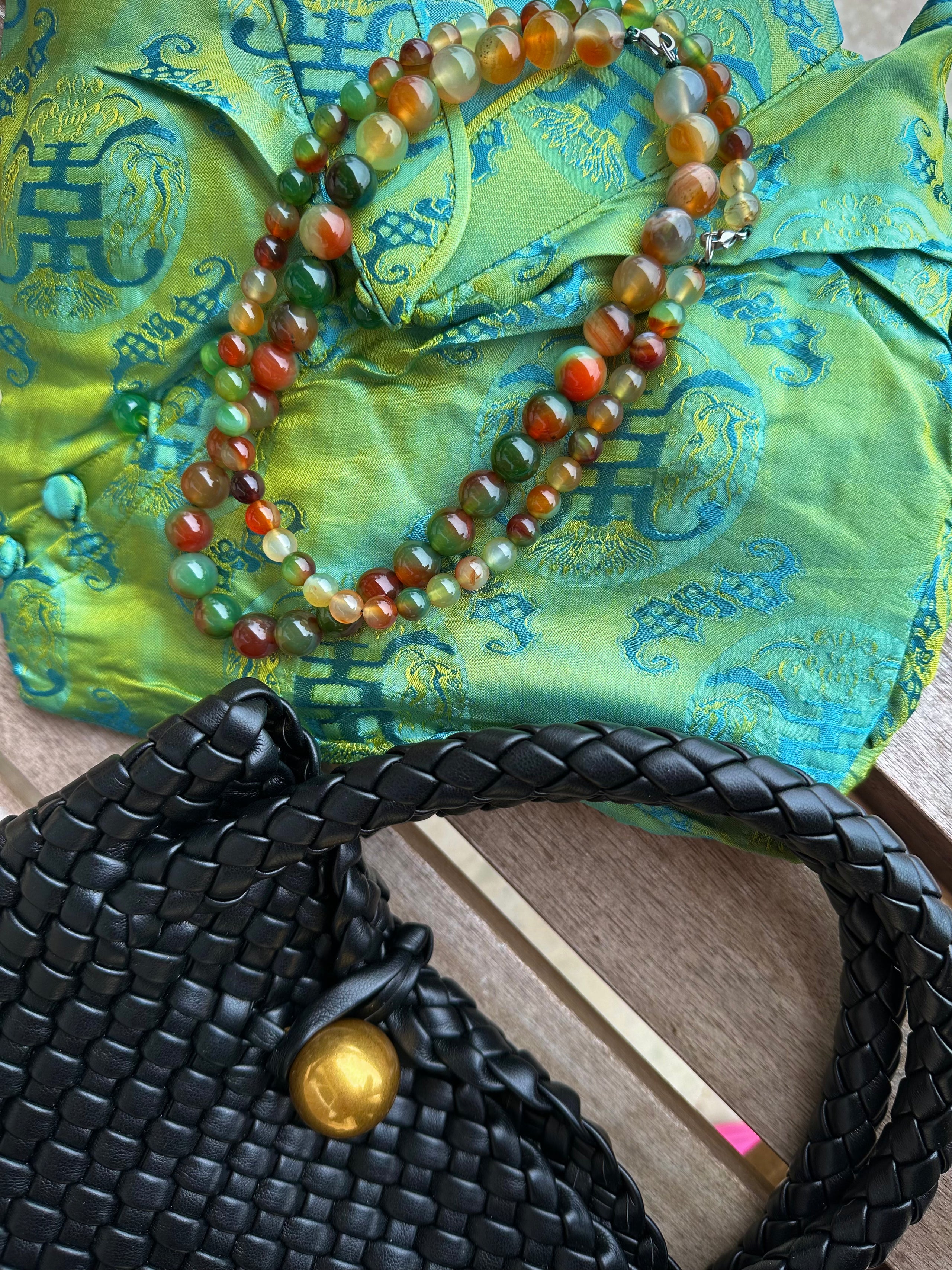 "Verdant Echo" Marble Necklace in Mossy Amber - back view | Vietnamese Luxury Fashion