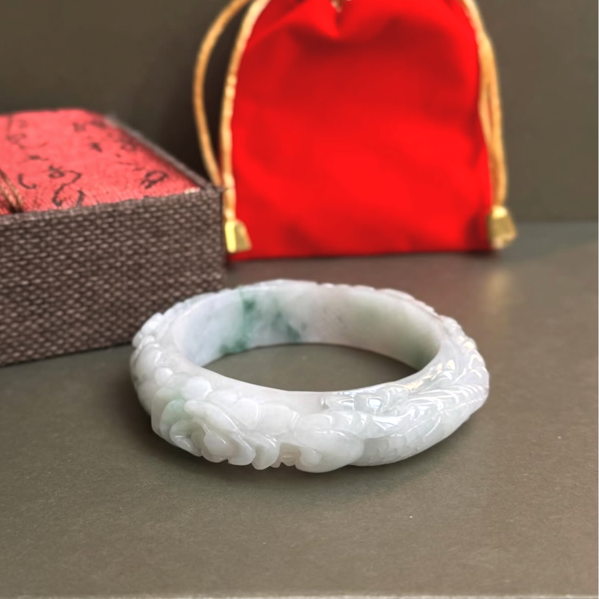 “Jade Garden of Harmony” – Hand-Carved Natural Jadeite Bangle