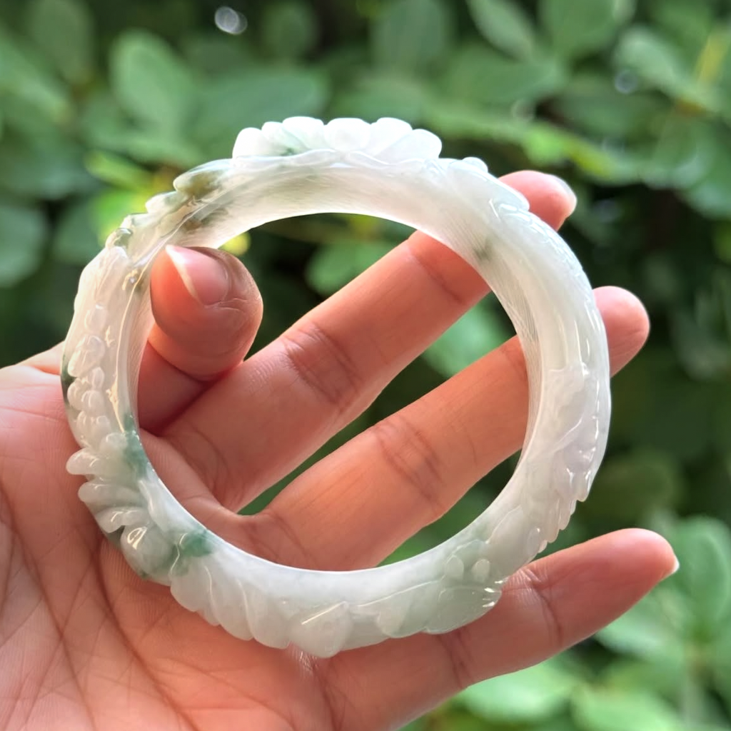 “Jade Garden of Harmony” – Hand-Carved Natural Jadeite Bangle