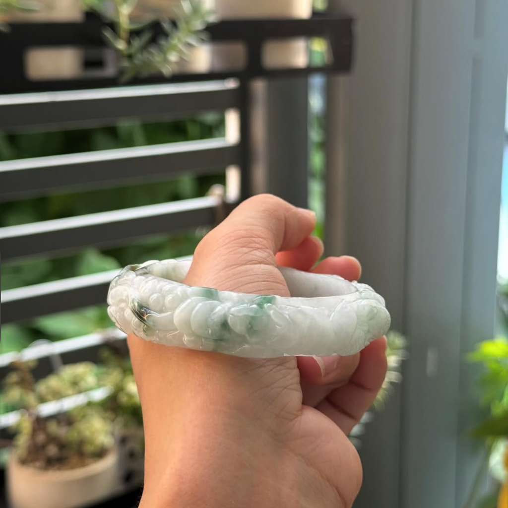 “Jade Garden of Harmony” – Hand-Carved Natural Jadeite Bangle