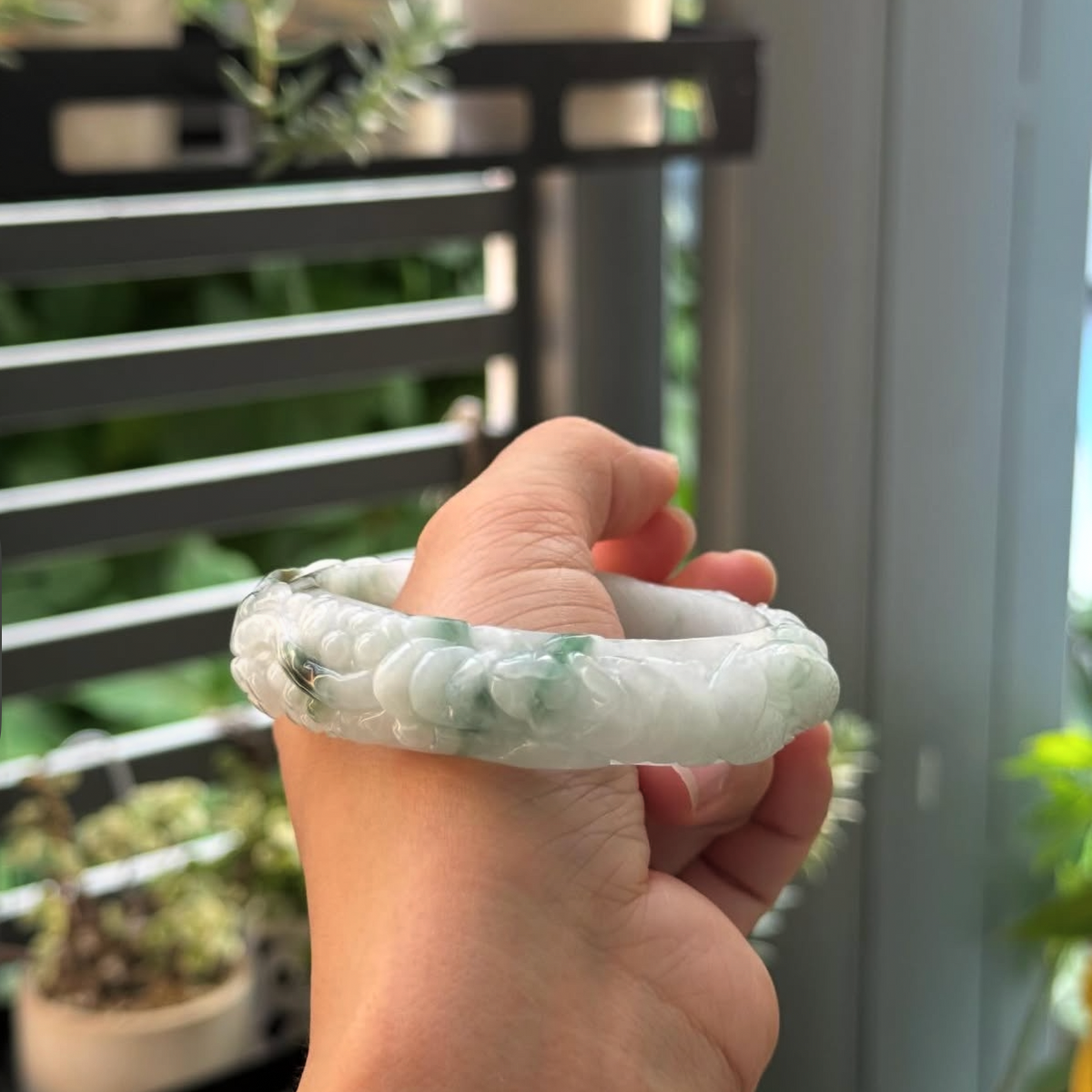 “Jade Garden of Harmony” – Hand-Carved Natural Jadeite Bangle