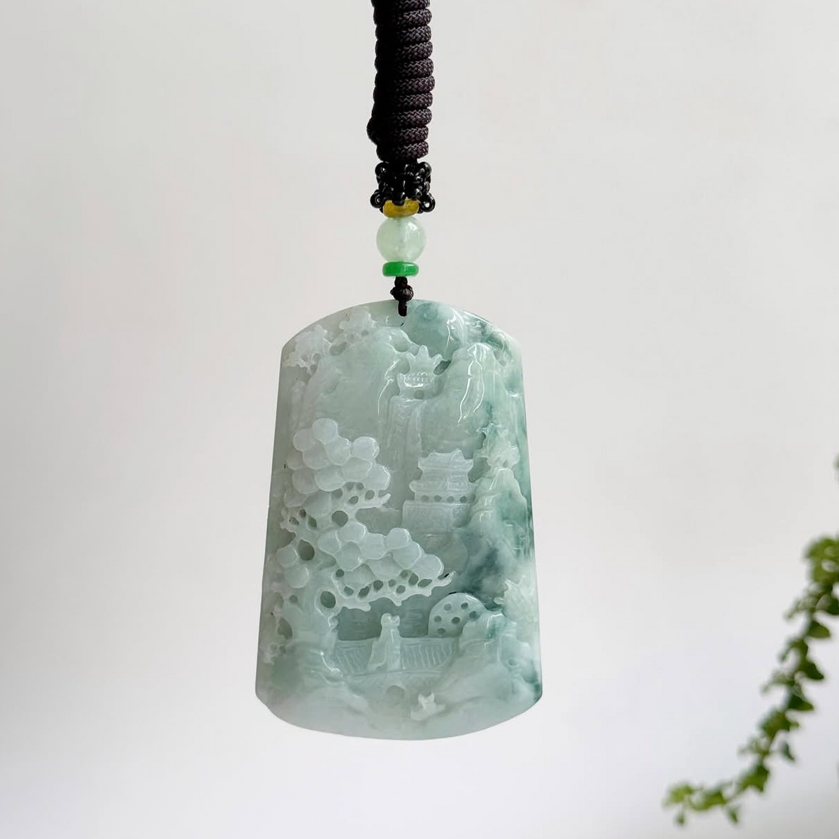 “Shan Shui” – Hand-Carved Myanmar Jadeite Landscape Pendant/Charm