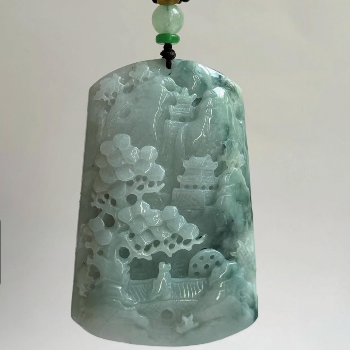 “Shan Shui” – Hand-Carved Myanmar Jadeite Landscape Pendant/Charm