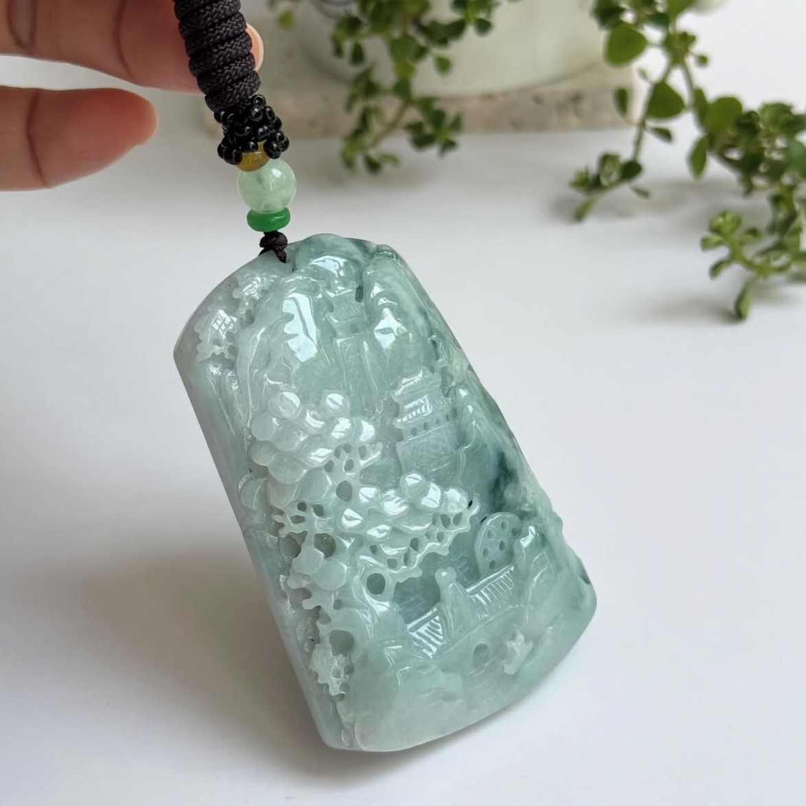 “Shan Shui” – Hand-Carved Myanmar Jadeite Landscape Pendant/Charm