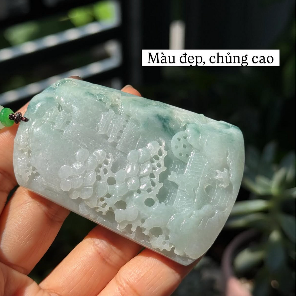 “Shan Shui” – Hand-Carved Myanmar Jadeite Landscape Pendant/Charm