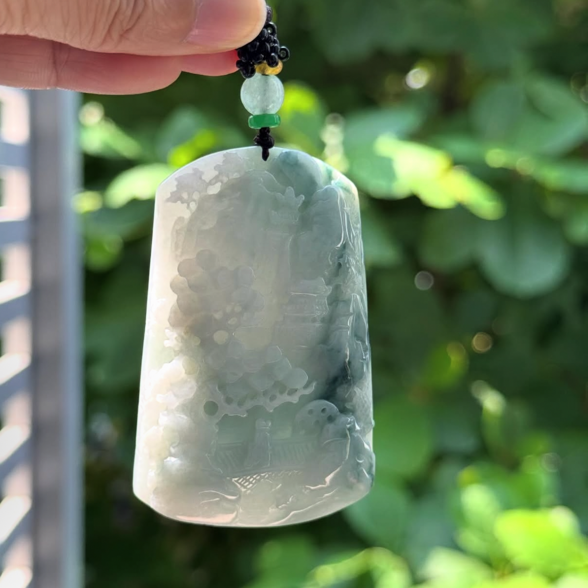 “Shan Shui” – Hand-Carved Myanmar Jadeite Landscape Pendant/Charm