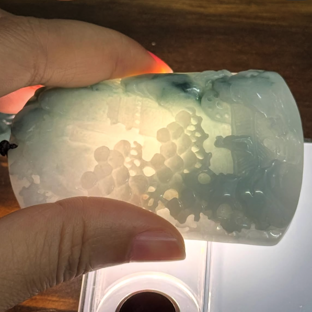 “Shan Shui” – Hand-Carved Myanmar Jadeite Landscape Pendant/Charm