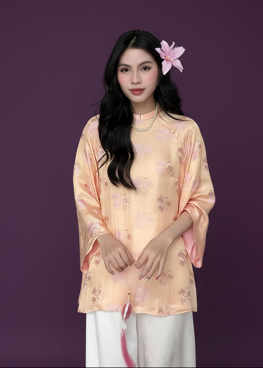 Vietnamese Ao Dai - Tra My Top - Mandarin-neck wormsilk - front view in peach by Garderobe