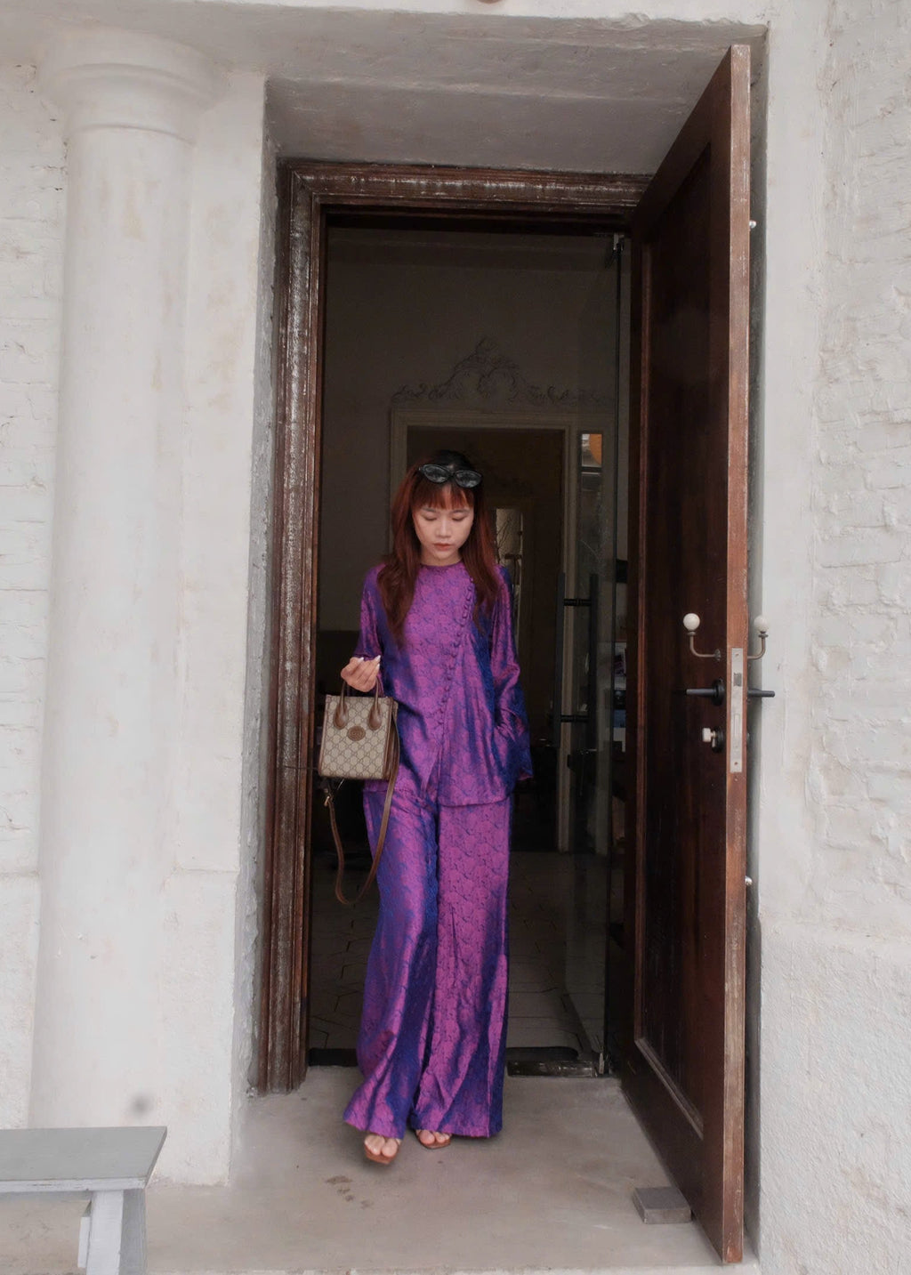 “The Diagonal Grace” Ao-Ngan Set – Long-sleeve Worm Silk in Orchid Violet