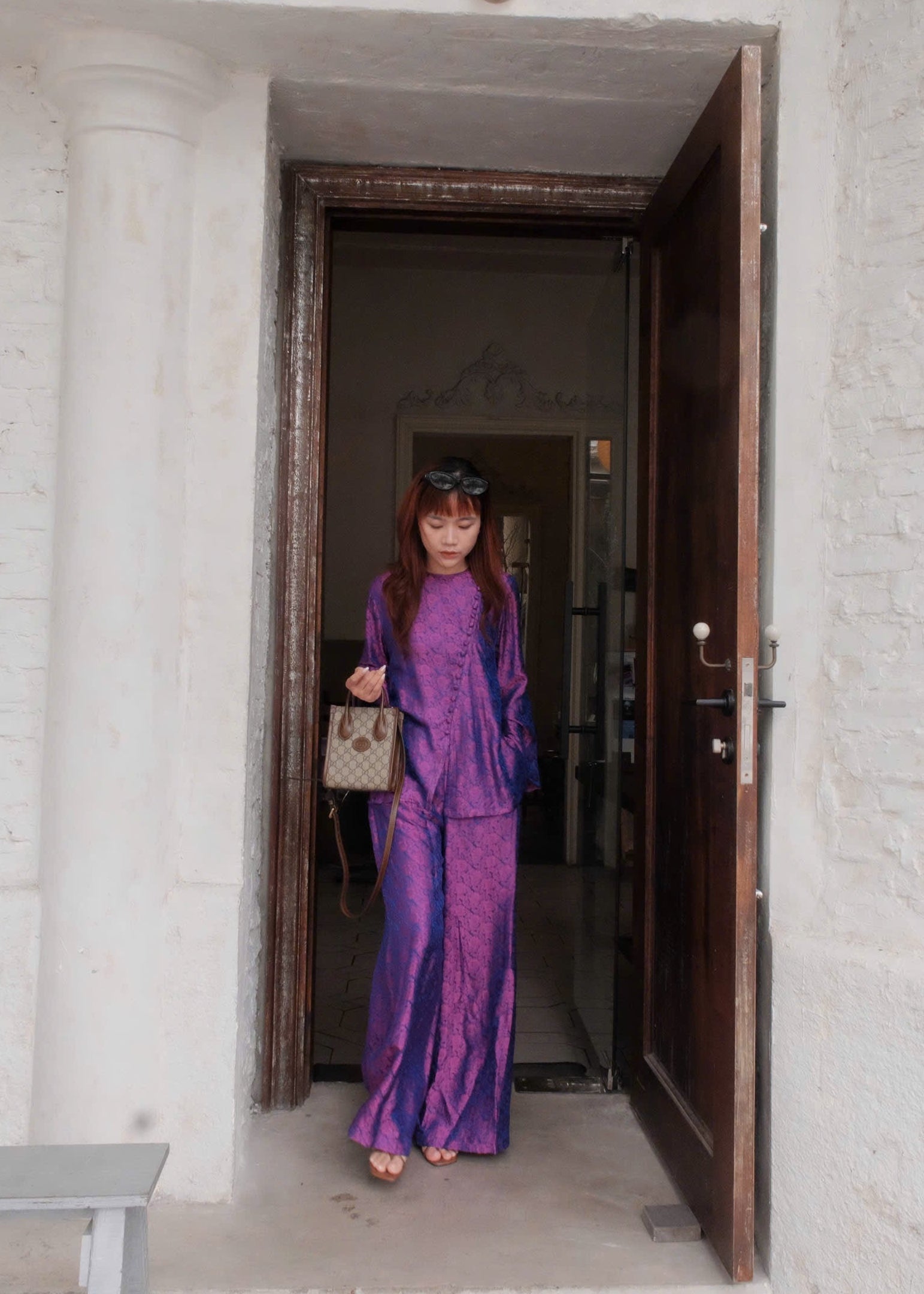“The Diagonal Grace” Ao-Ngan Set – Long-sleeve Worm Silk in Orchid Violet