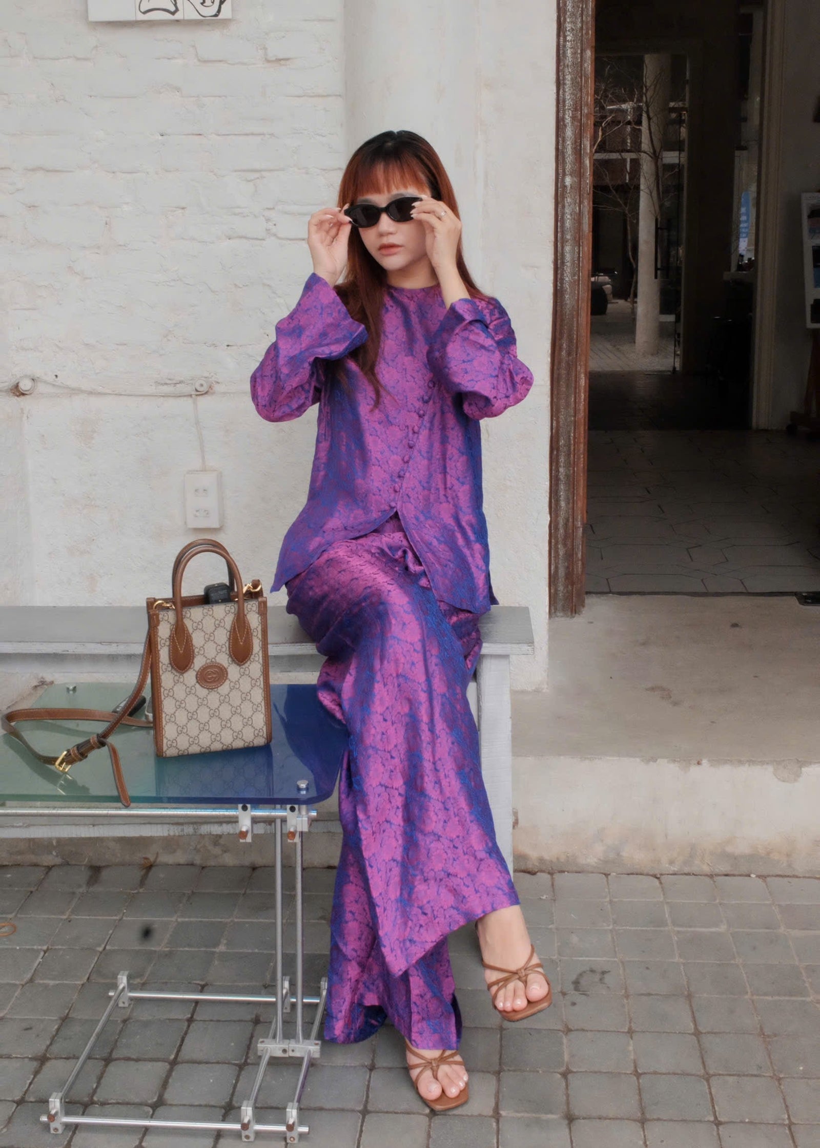 “Diagonal Grace” Ao-Ngan Set – Long-sleeve Wormsilk Ensemble in Fuchsia Orchid