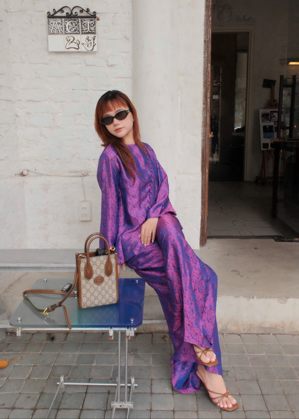 “The Diagonal Grace” Ao-Ngan Set – Long-sleeve Worm Silk in Orchid Violet