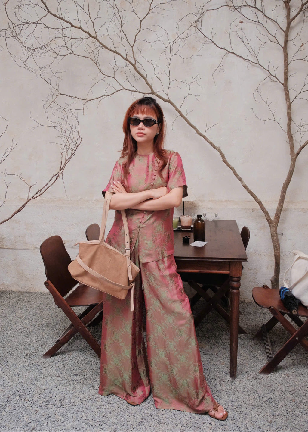 “Diagonal Grace” Ao-Ngan Set – Short-sleeve Worm Silk in Dusty Rose
