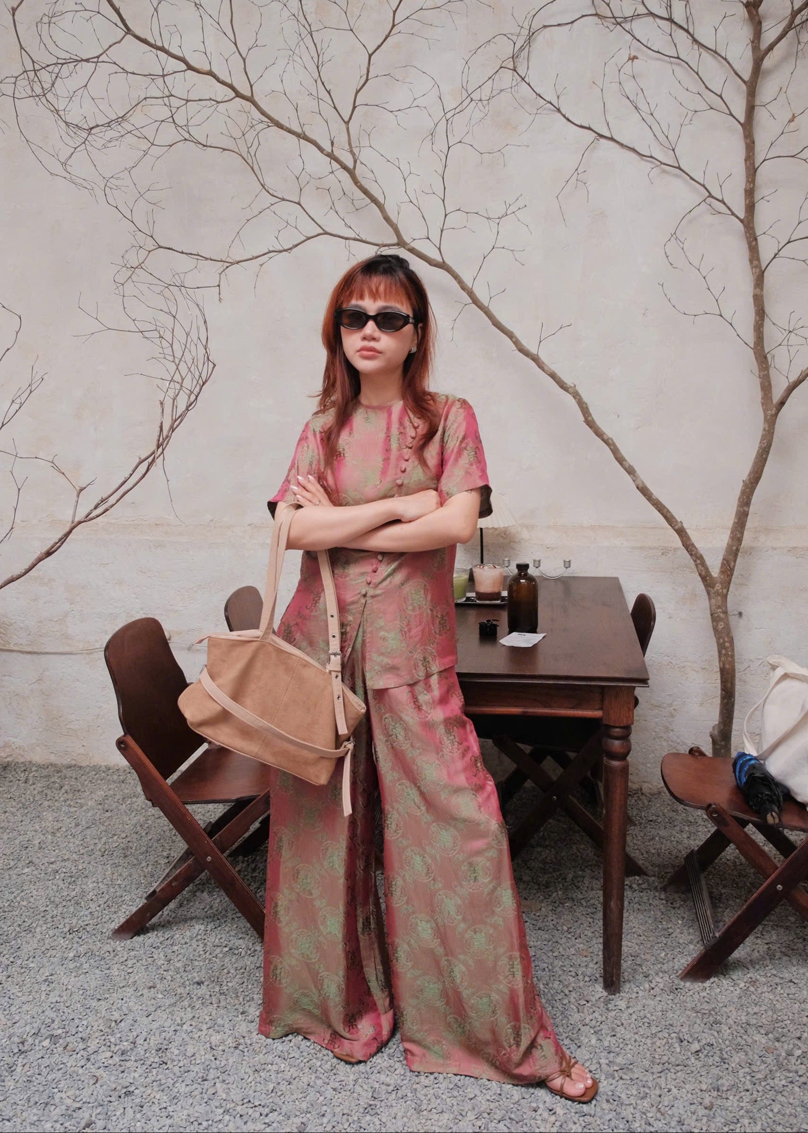 “Diagonal Grace” Ao-Ngan Set – Short-sleeve Worm Silk in Dusty Rose