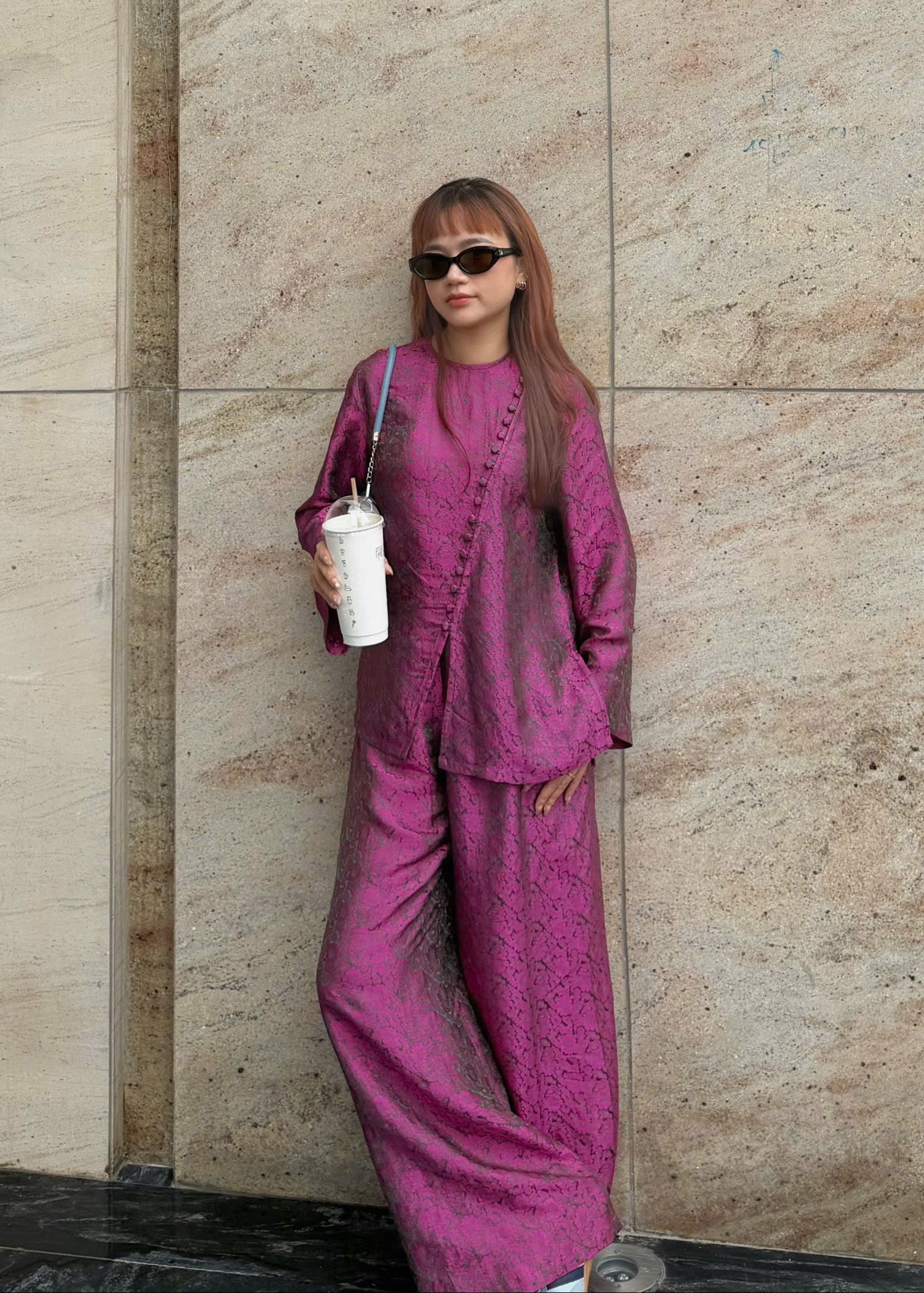 “Diagonal Grace” Ao-Ngan Set – Long-sleeve Wormsilk Ensemble in Fuchsia Orchid