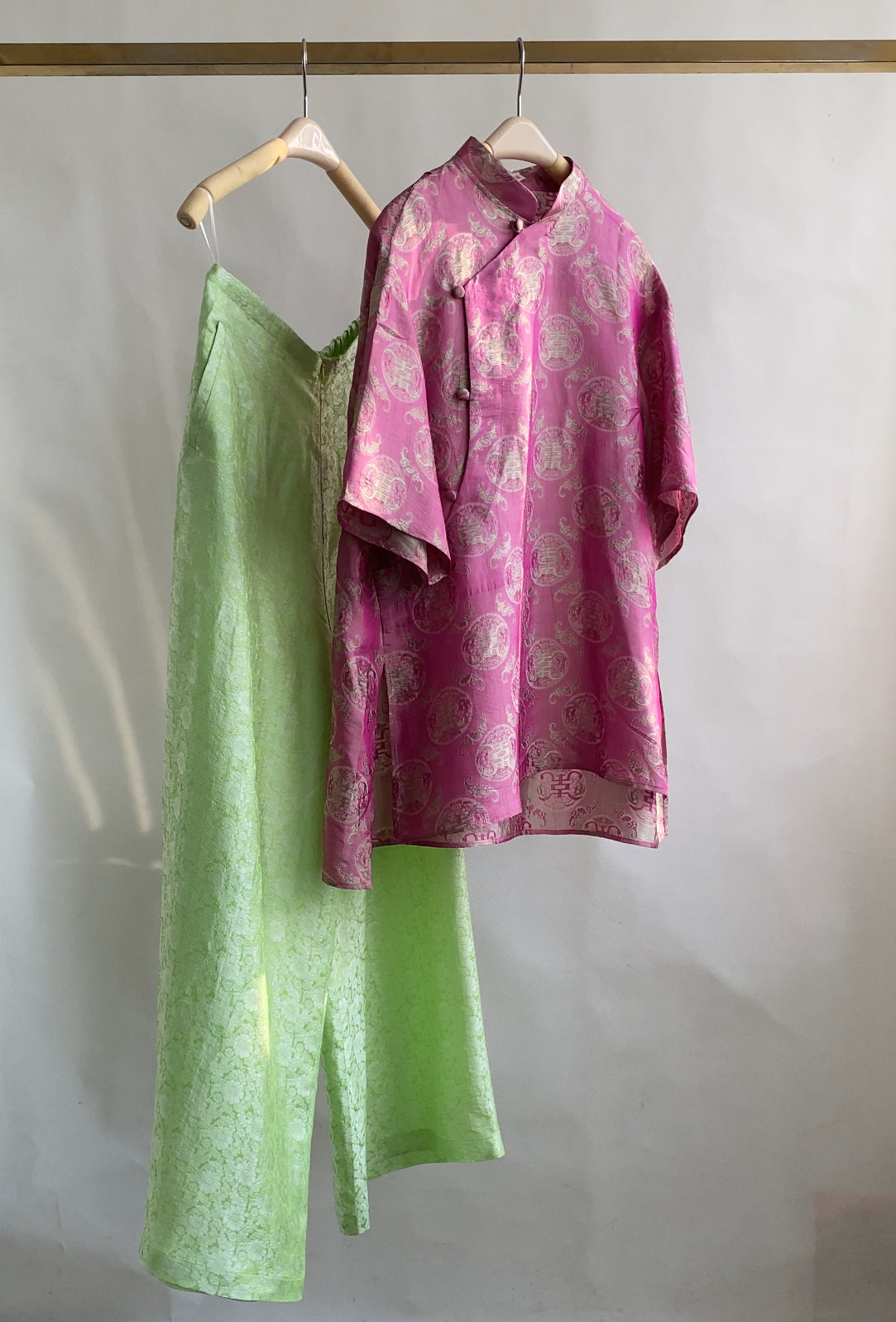 "Ninh Van" Set - Mandarin-neck Wormsilk in Rose & Mint