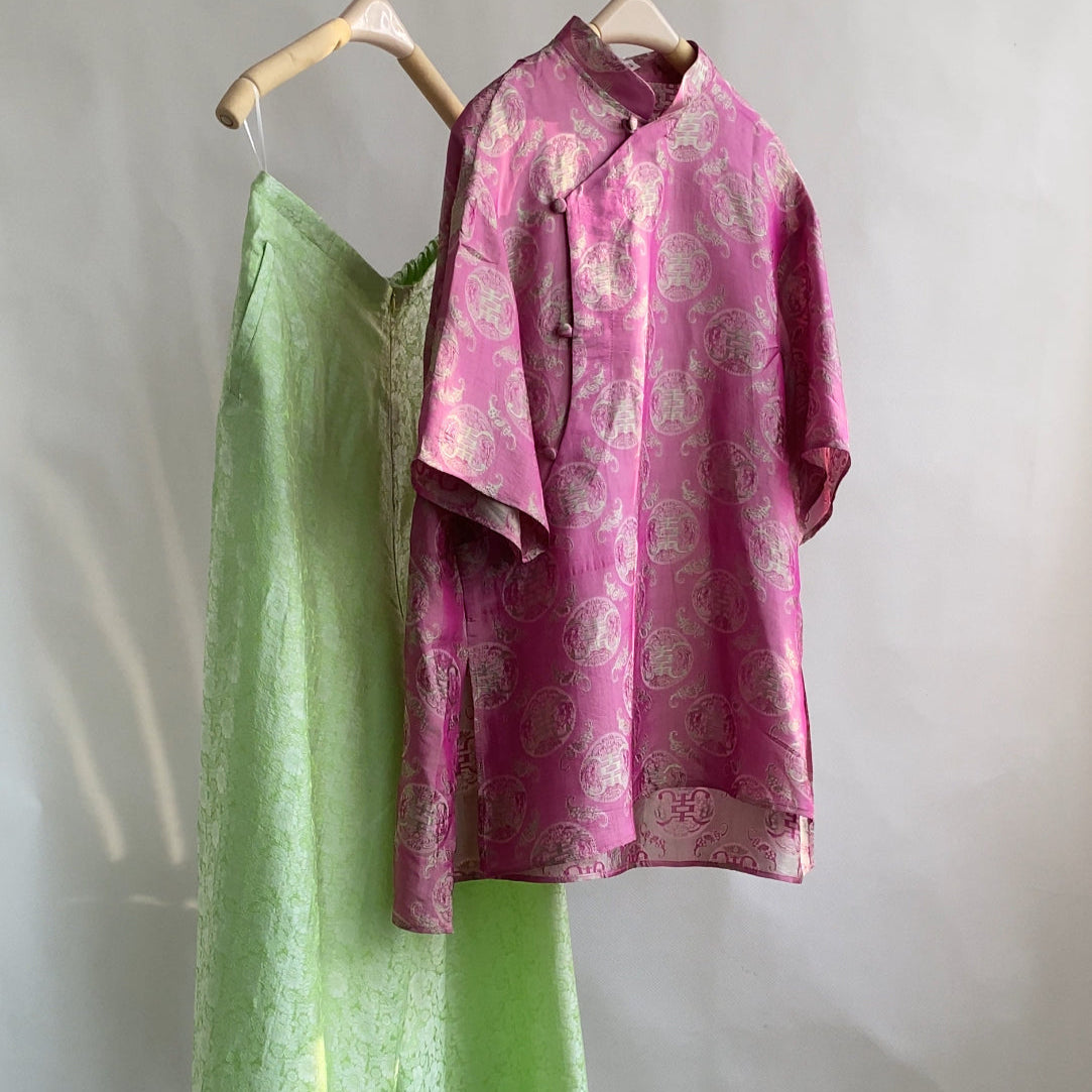 Vietnamese Ao Dai - Ninh Van Set - Mandarin-neck Wormsilk in Rose & Mint - side profile in pink by Hy Phuong