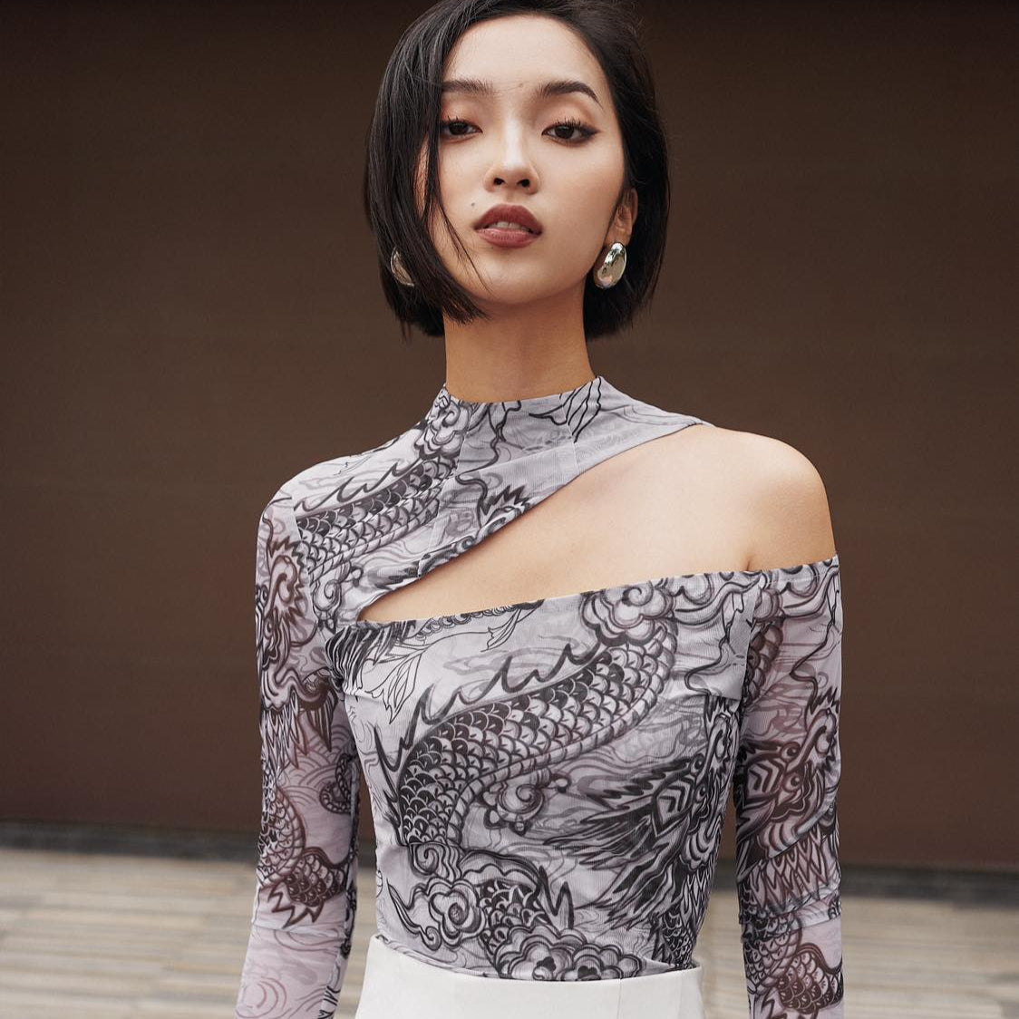 Traditional Motif - Jia Chen - Cut-out Tulle top - front view in silk in gray by Keira Tong