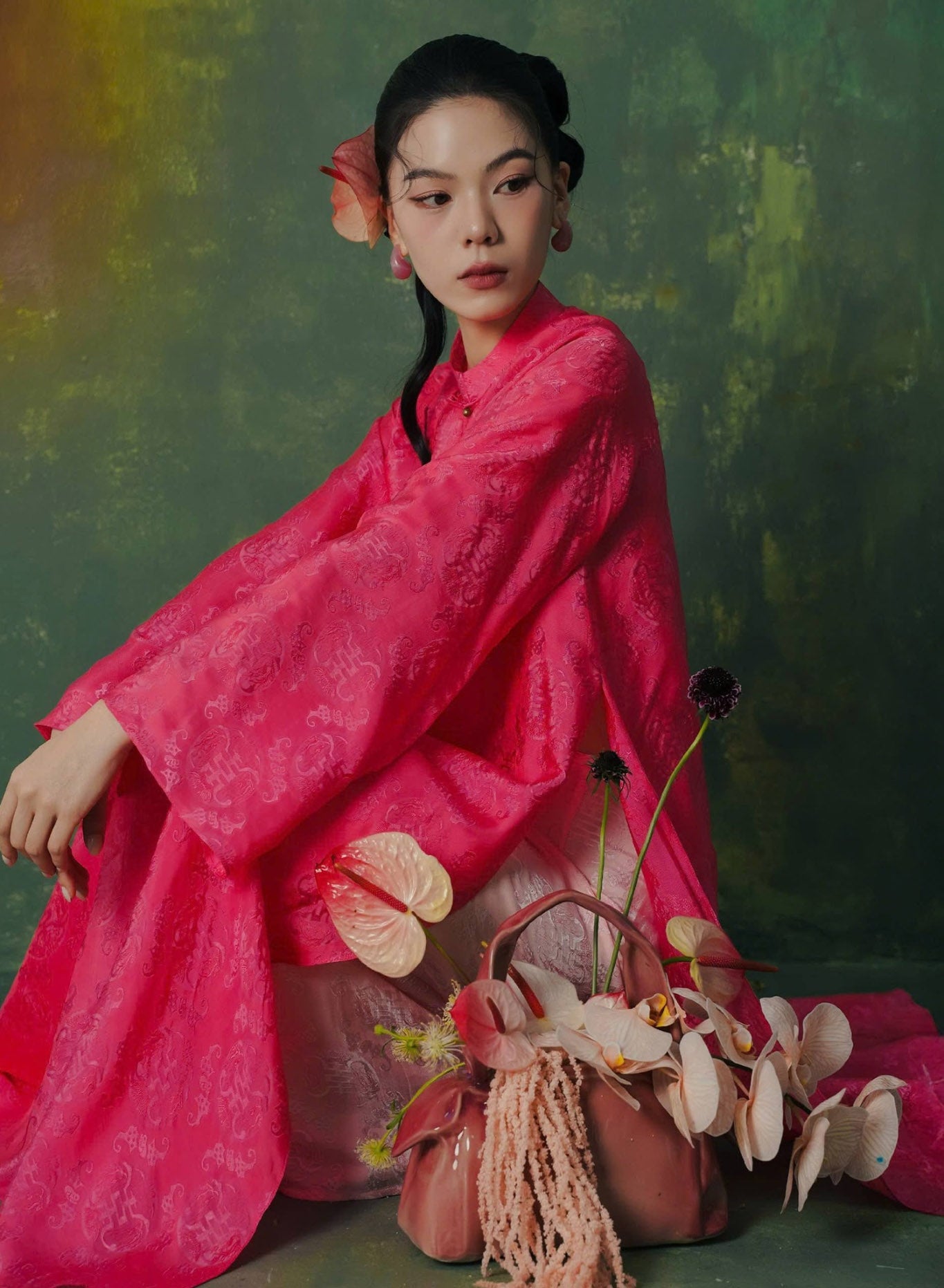 "Diep Dan Ao Dai Set in bright peach silk, traditional Vietnamese dress by Lalin, featuring artisan patterns."