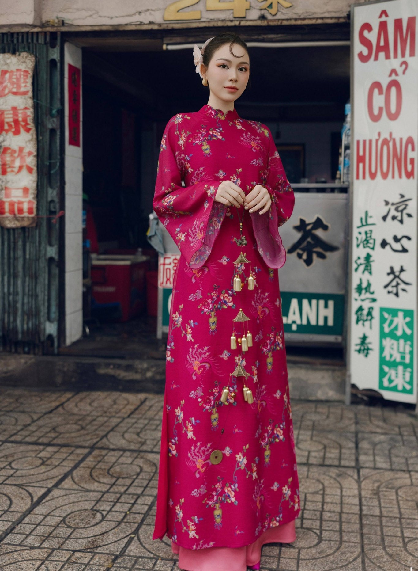 "Giang Chi Ao dai in magenta silk with floral pattern, traditional Vietnamese dress by Lalin."