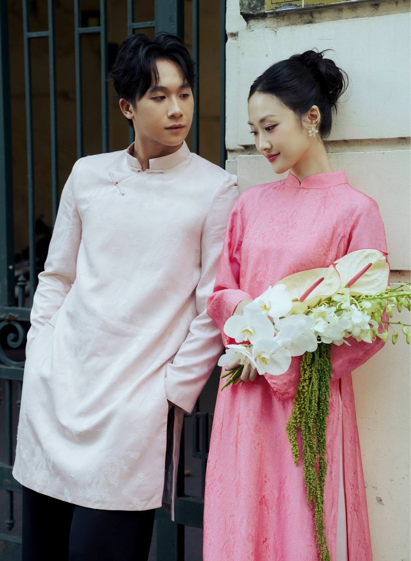 Vietnamese Ao Dai - Dao Cuc Ao Dai Set - Premium Natural Silk in Light Pink - styled presentation in pink by Lalin