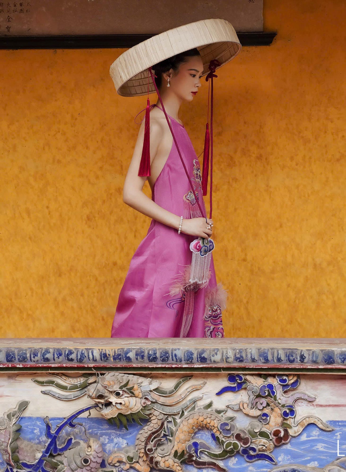 "Uyen Van" Luxury Pink Velvet Ao Dai Halter Dress by Lalin, Traditional Vietnamese Design