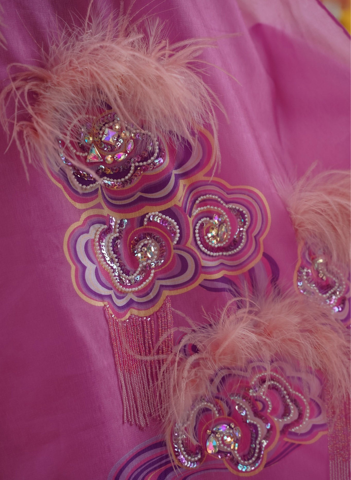 "Uyen Van" Luxury Embellished Velvet Ao Dai Dress in Pink, Vietnamese Traditional Halter Design with Sequins and Feathers