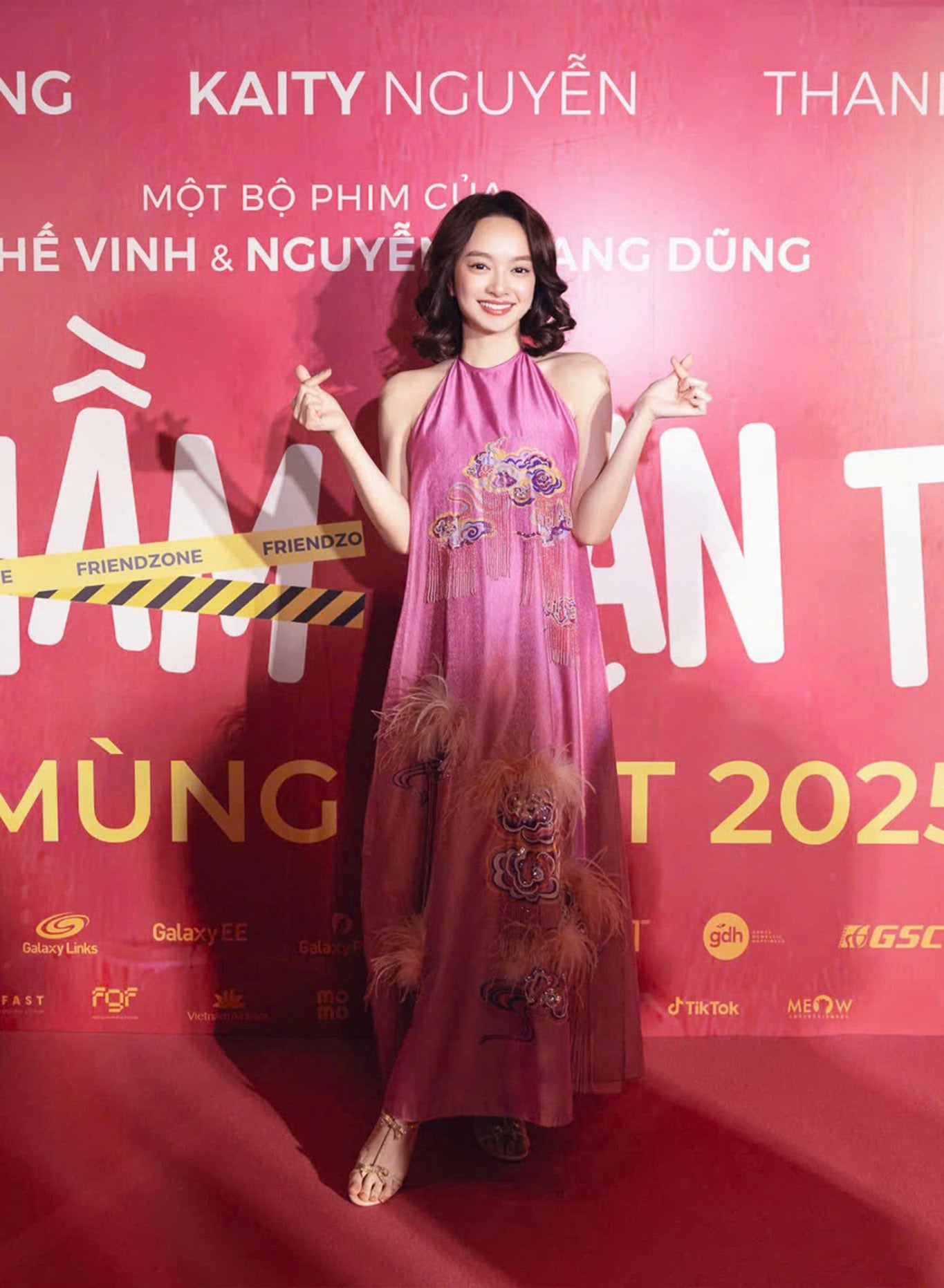 "Uyen Van Luxury Embellished Velvet Ao Dai Halter Dress in Pink by Lalin, Vietnamese Cultural Fashion"