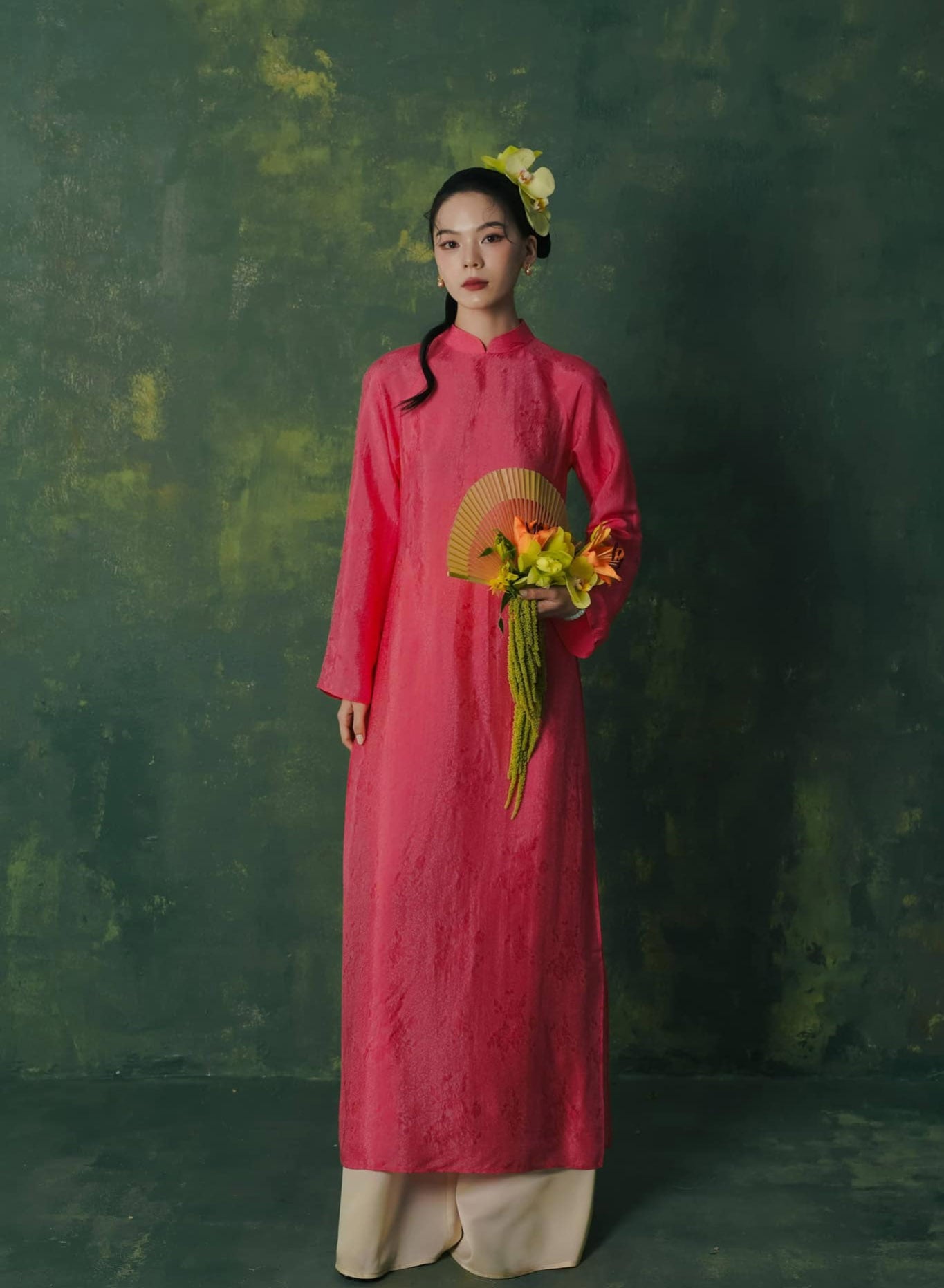 "Diep Dan Ao Dai Set in bright peach silk, traditional Vietnamese dress by Lalin."