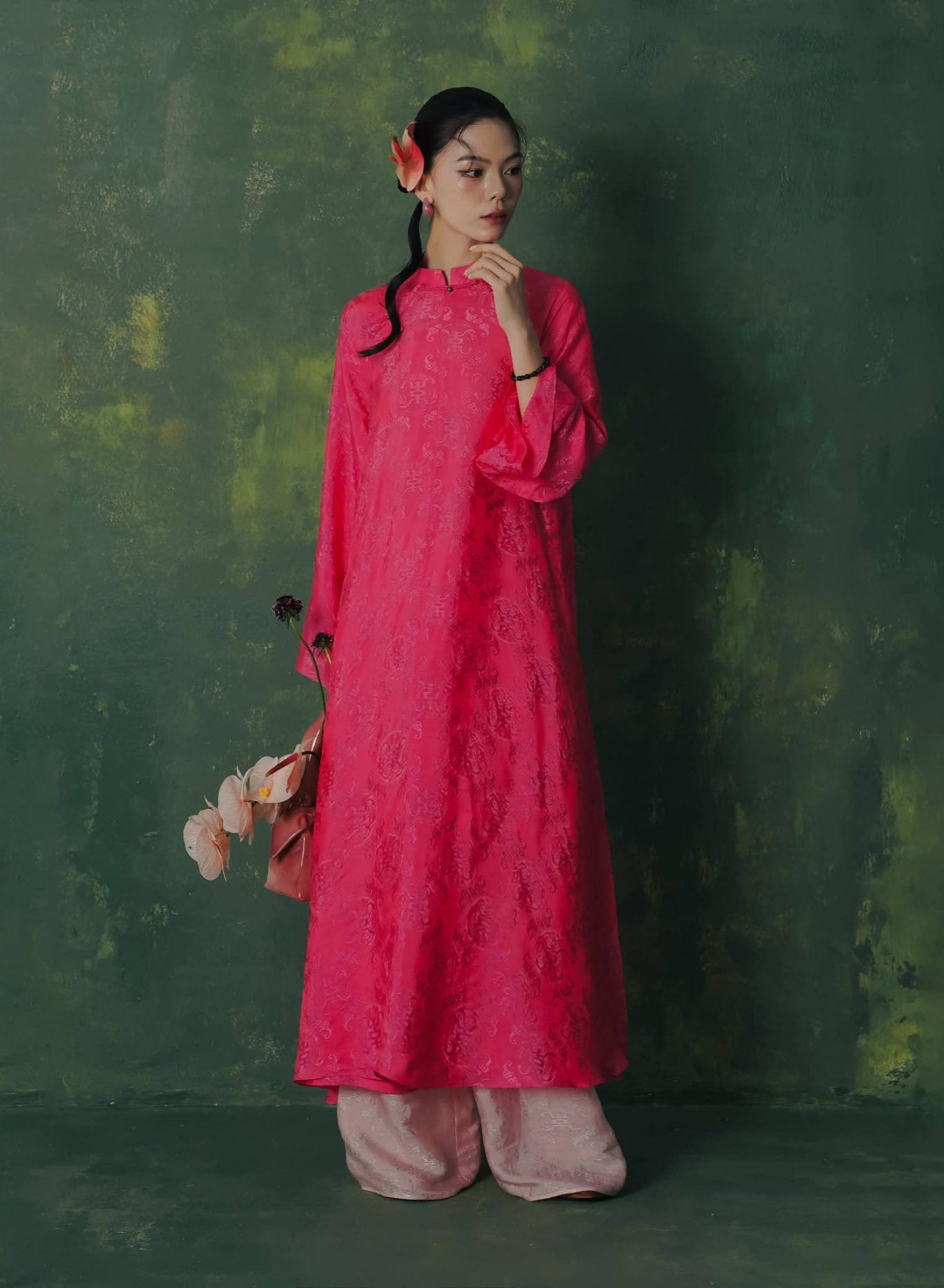 "Diep Dan Ao Dai Set in bright peach silk, traditional Vietnamese dress by Lalin"