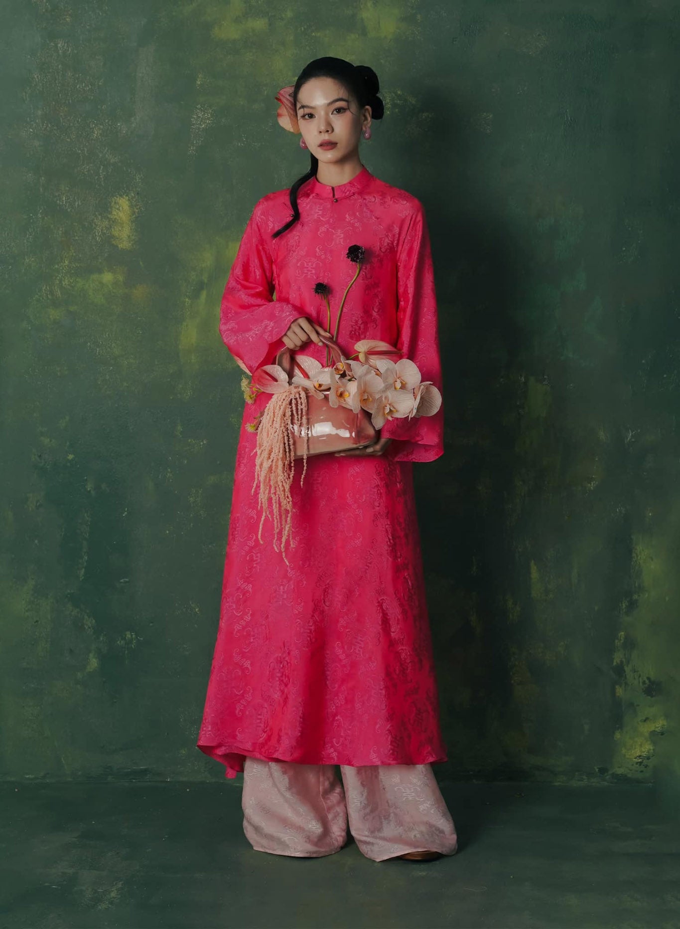 "Diep Dan Ao Dai Set in bright peach silk, traditional Vietnamese dress by Lalin"