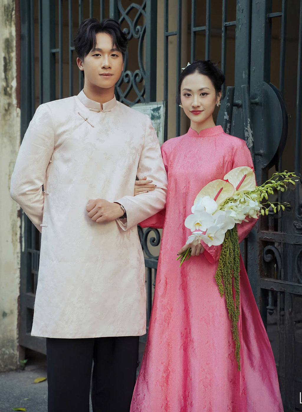 "Dao Cuc Ao Dai Set in light pink silk, traditional Vietnamese dress by Lalin"