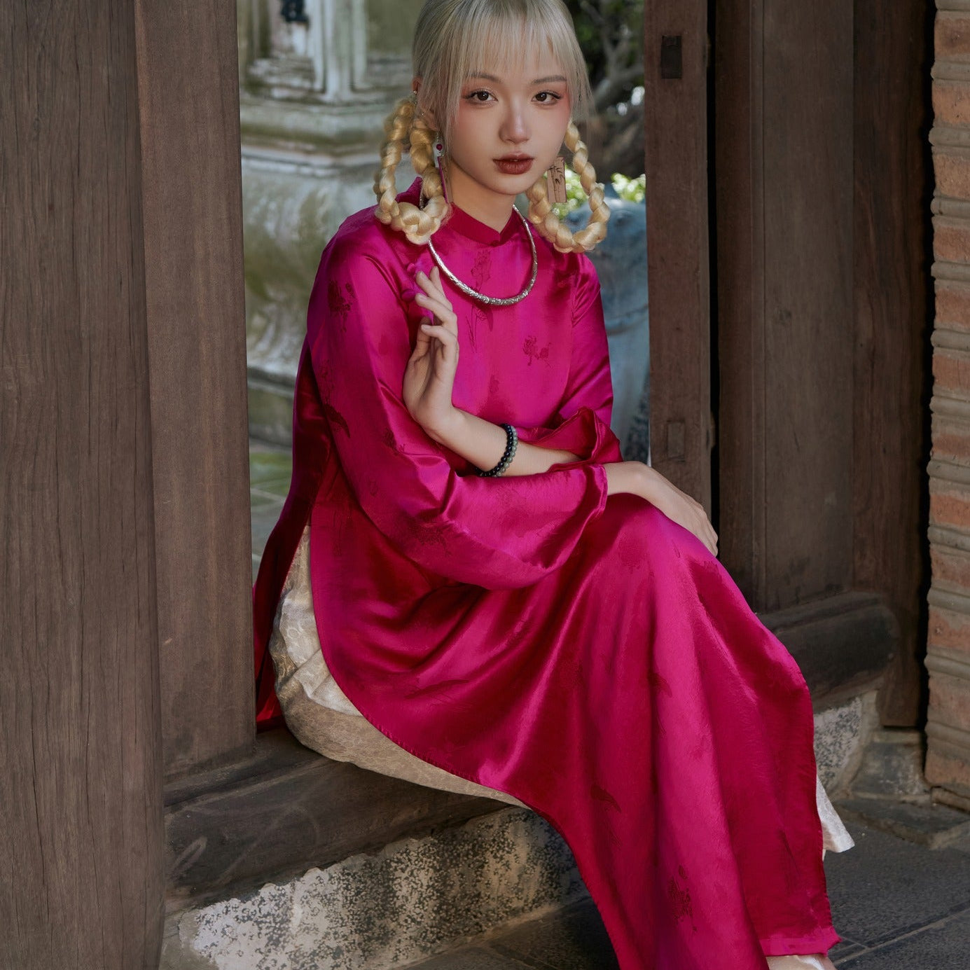 Vietnamese Ao Dai - Lien Hoa Ao Dai set - Silkworm Silk in Magenta [Traditional cut] - styled presentation in fuchsia by Moc