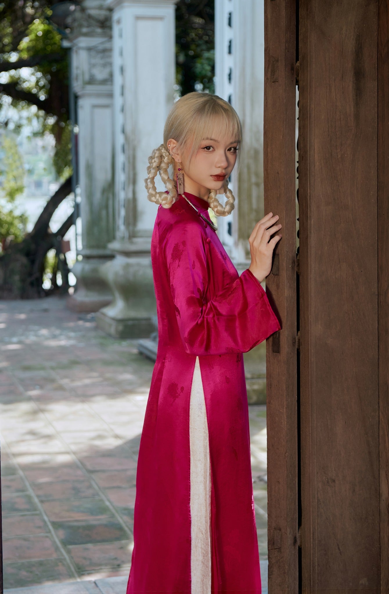 "Magenta Lien Hoa Ao Dai set in silkworm silk, traditional Vietnamese dress by Moc"