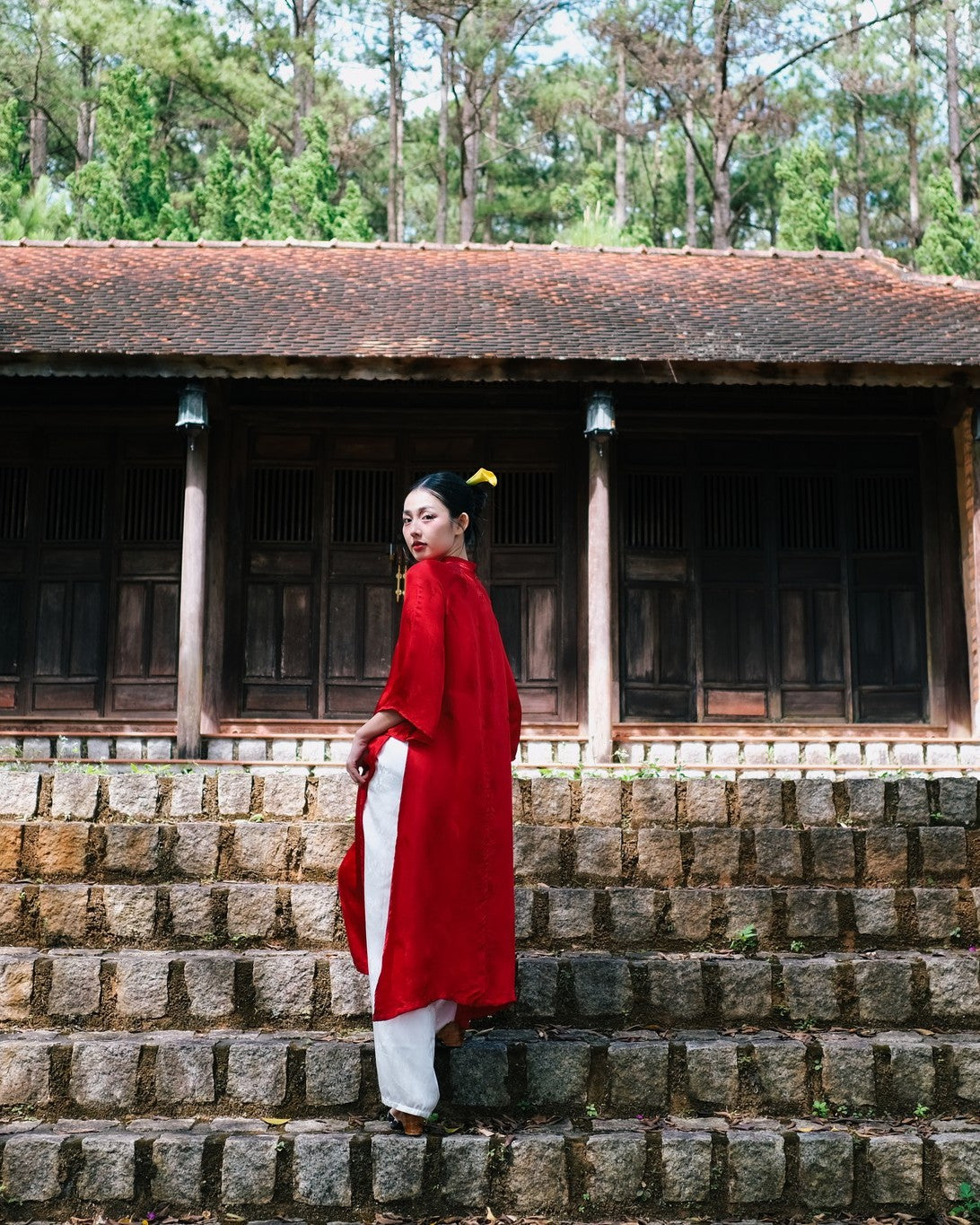 "Red Lien Hoa Ao Dai set in silkworm silk, traditional Vietnamese dress by Moc"