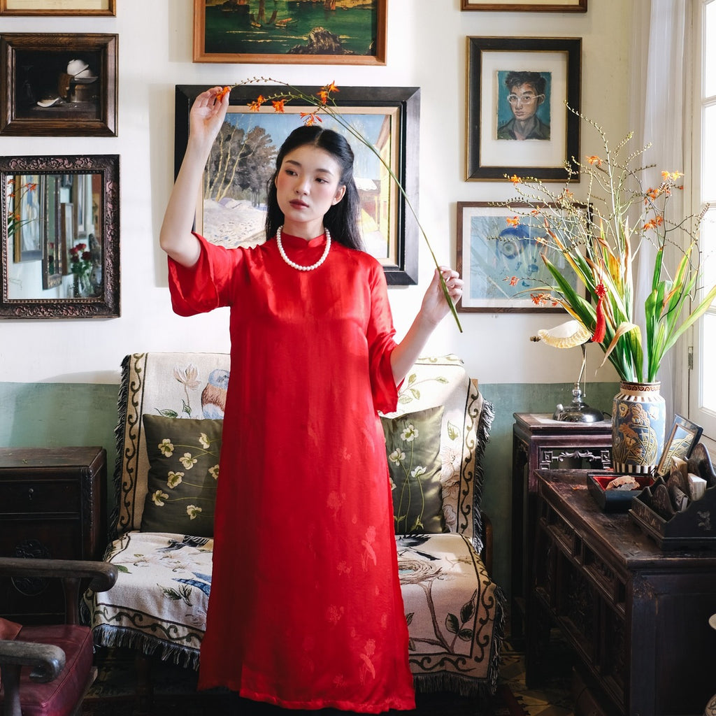 "Red Lien Hoa Ao Dai set in silkworm silk, traditional Vietnamese dress by Moc"