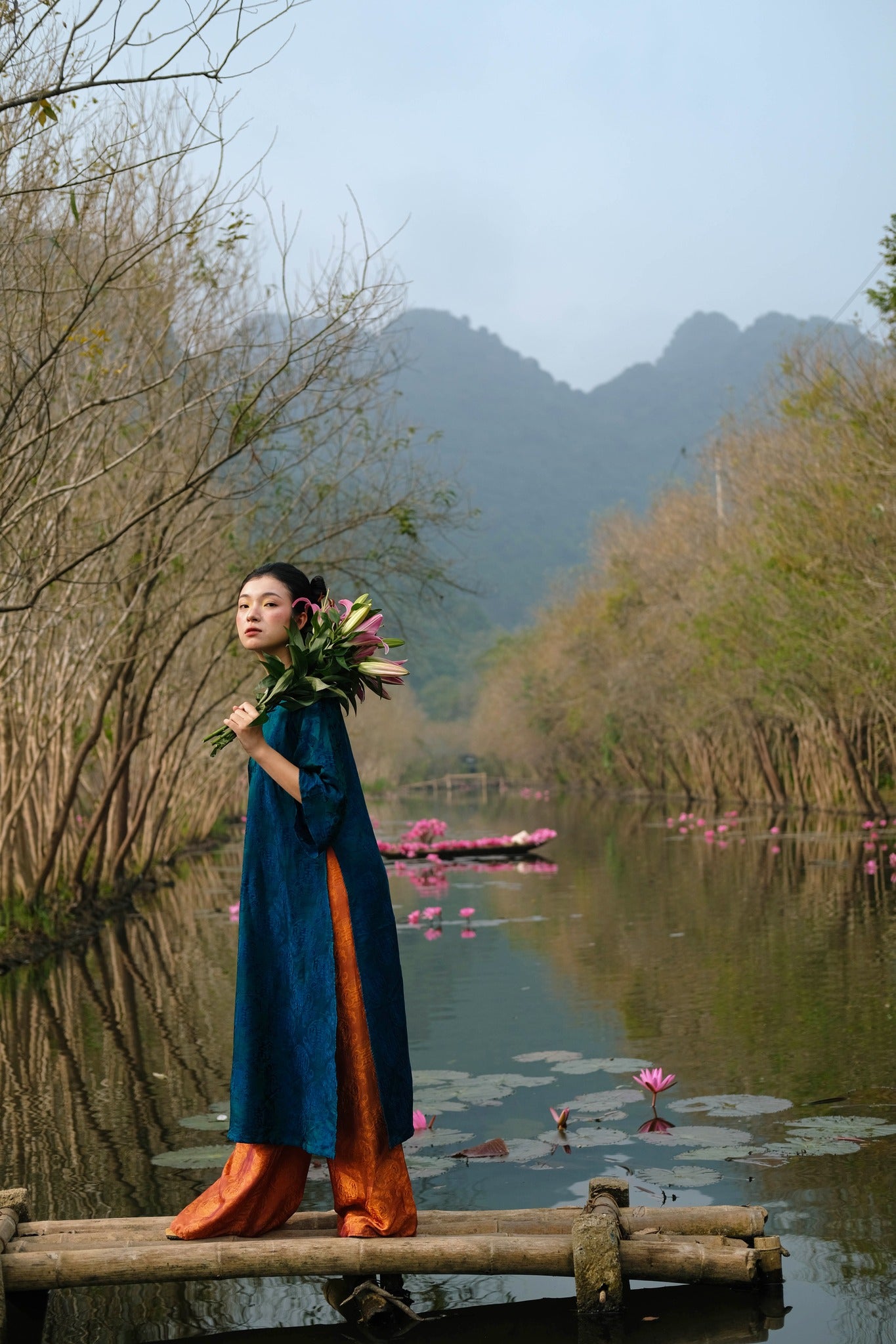 "Loc Tho Ao Dai set in red silk with modern cut, traditional Vietnamese dress by Moc"