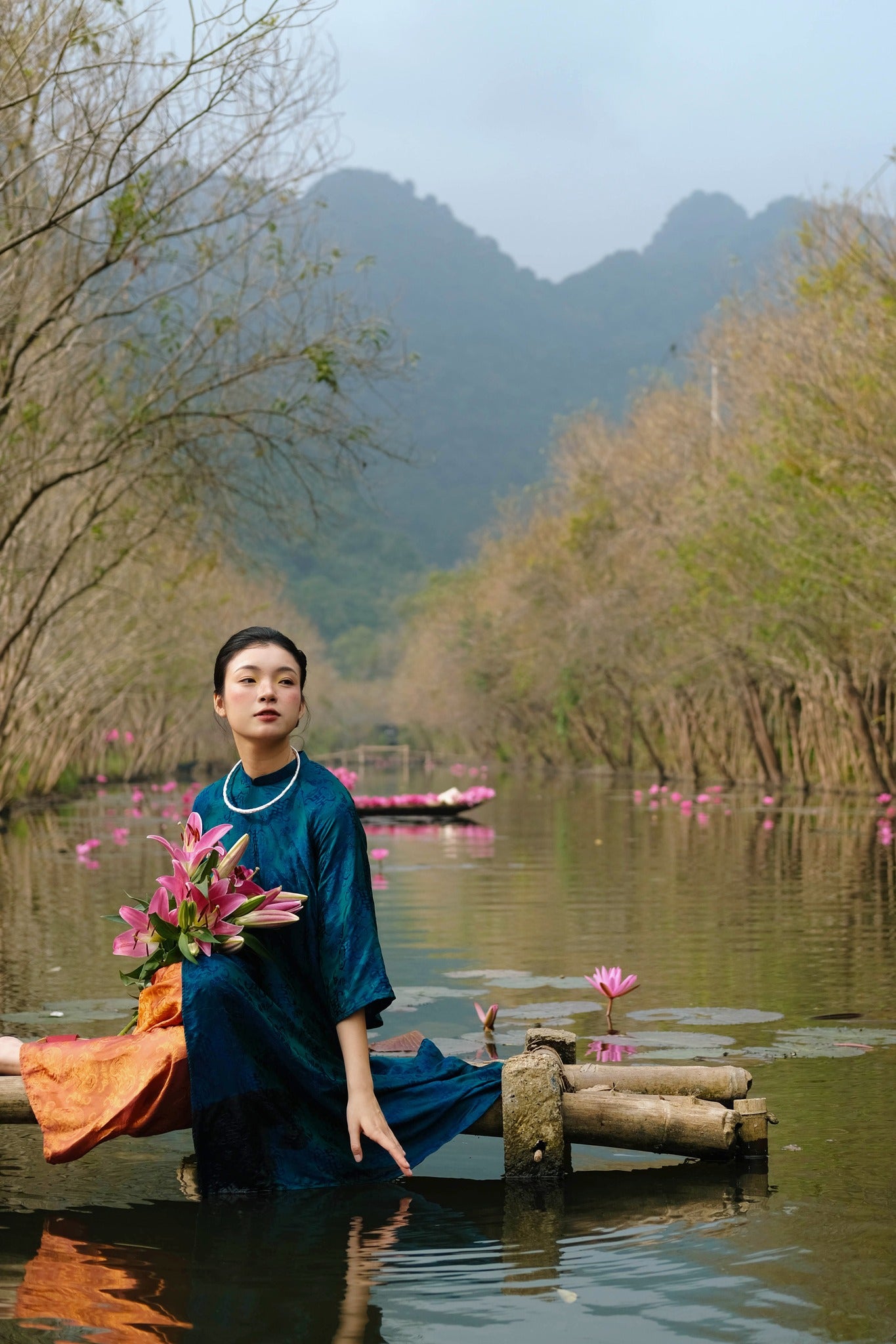 "Loc Tho Ao Dai set in red silk, modern cut, traditional Vietnamese dress by Moc"