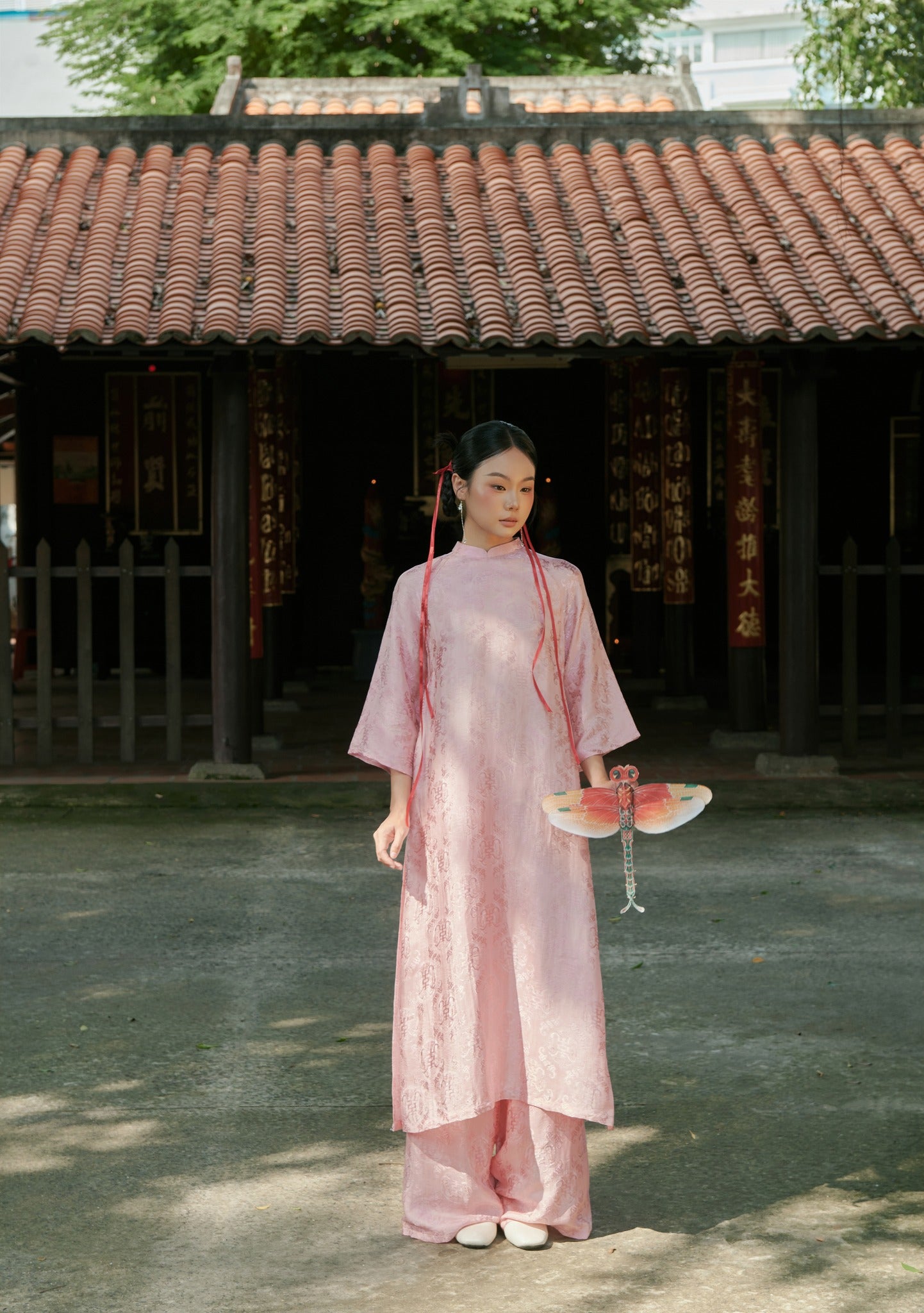 "Loc Tho Ao Dai set in light pink wormsilk, traditional Vietnamese dress by Moc"