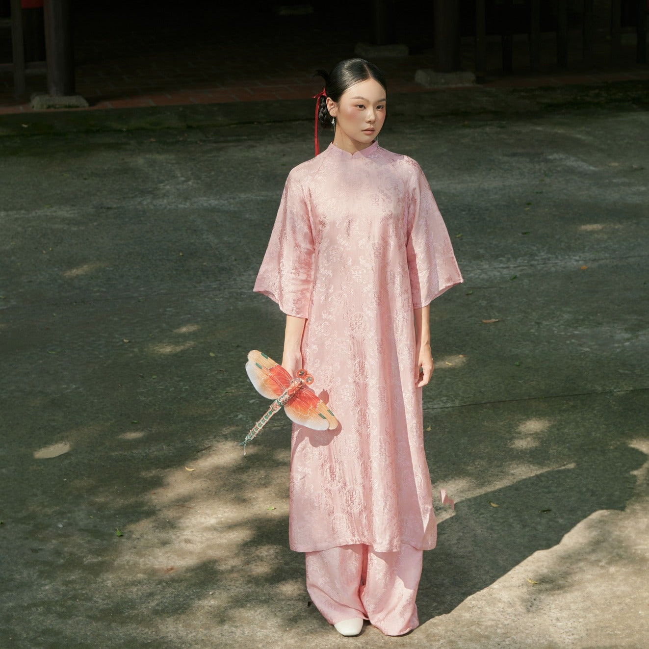 "Loc Tho Ao Dai set in light pink wormsilk, traditional Vietnamese dress by Moc."