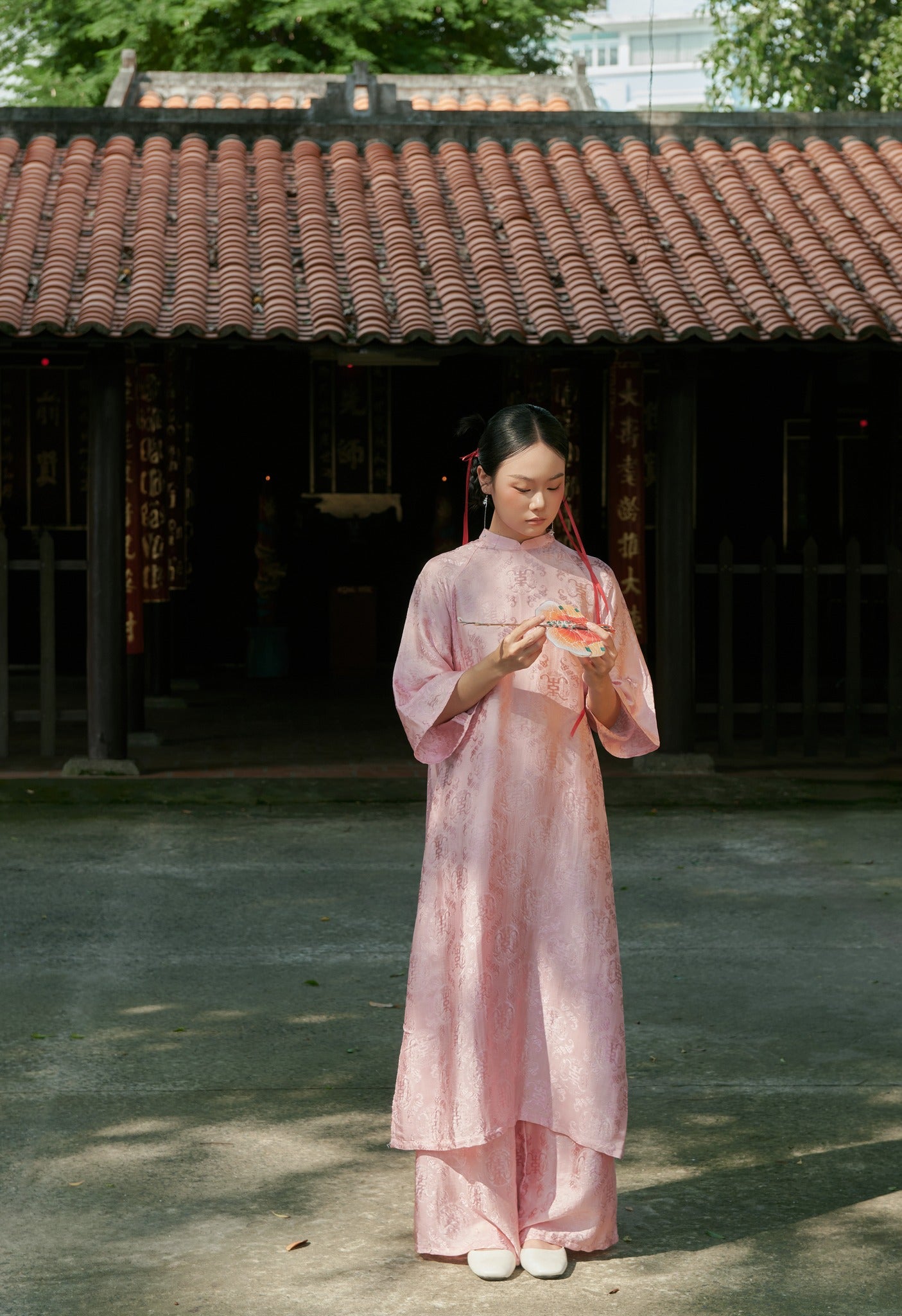 "Loc Tho Ao Dai set in light pink wormsilk, traditional Vietnamese dress by Moc"