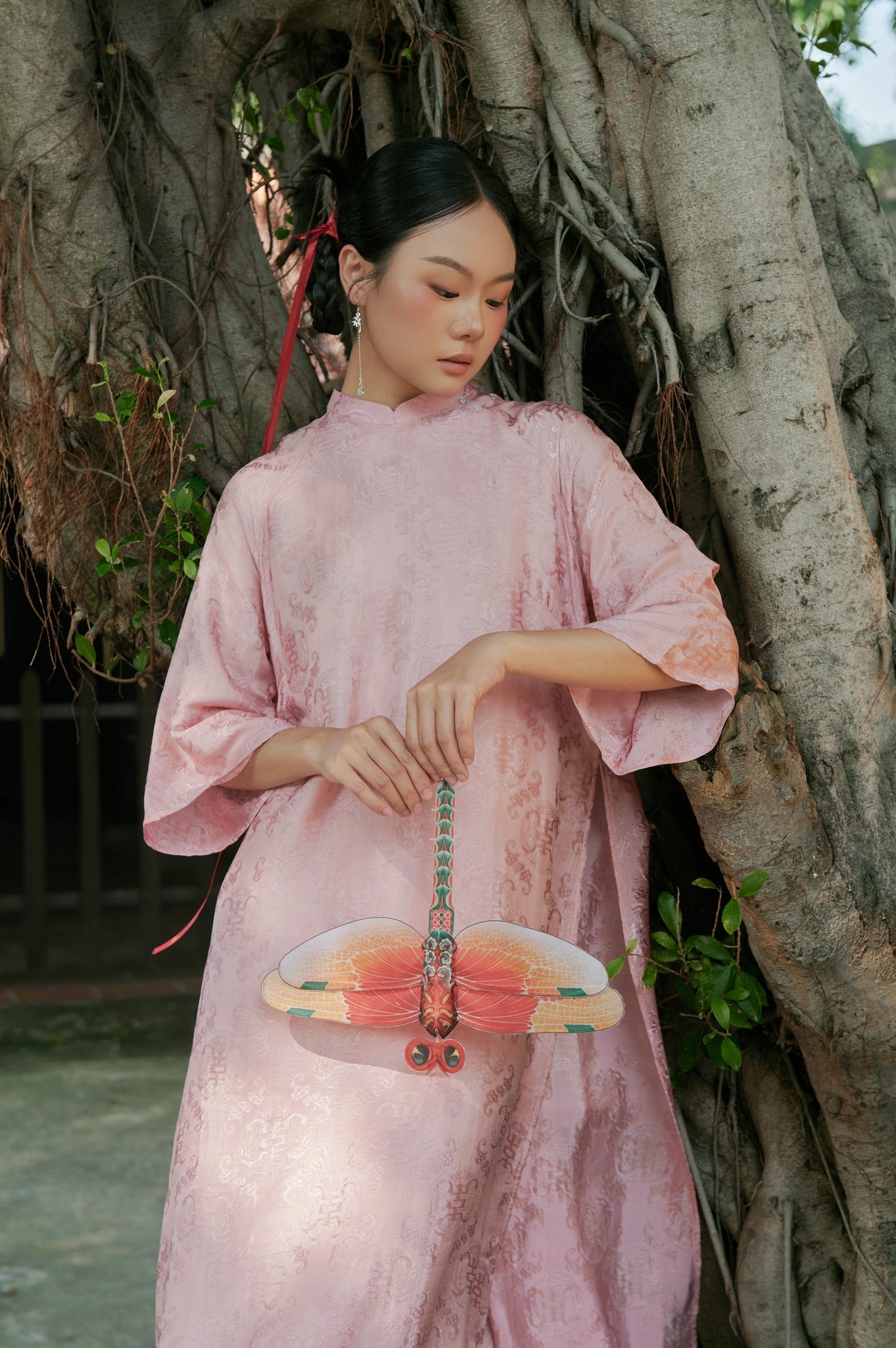 "Loc Tho Ao Dai set in light pink wormsilk, traditional Vietnamese dress by Moc"