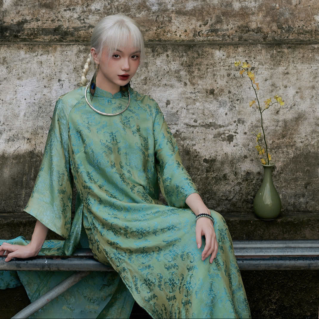 Vietnamese Ao Dai - Loc Tho Ao Dai set - Wormsilk in Jade [Modern Cut] - front view in brocade in green by Moc
