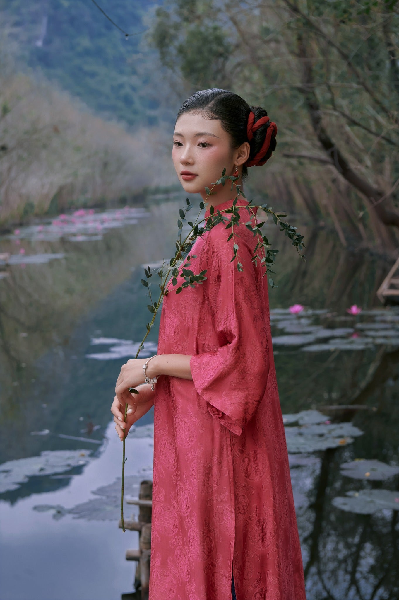 "Loc Tho Ao Dai set in rose pink wormsilk, traditional Vietnamese dress by Moc"